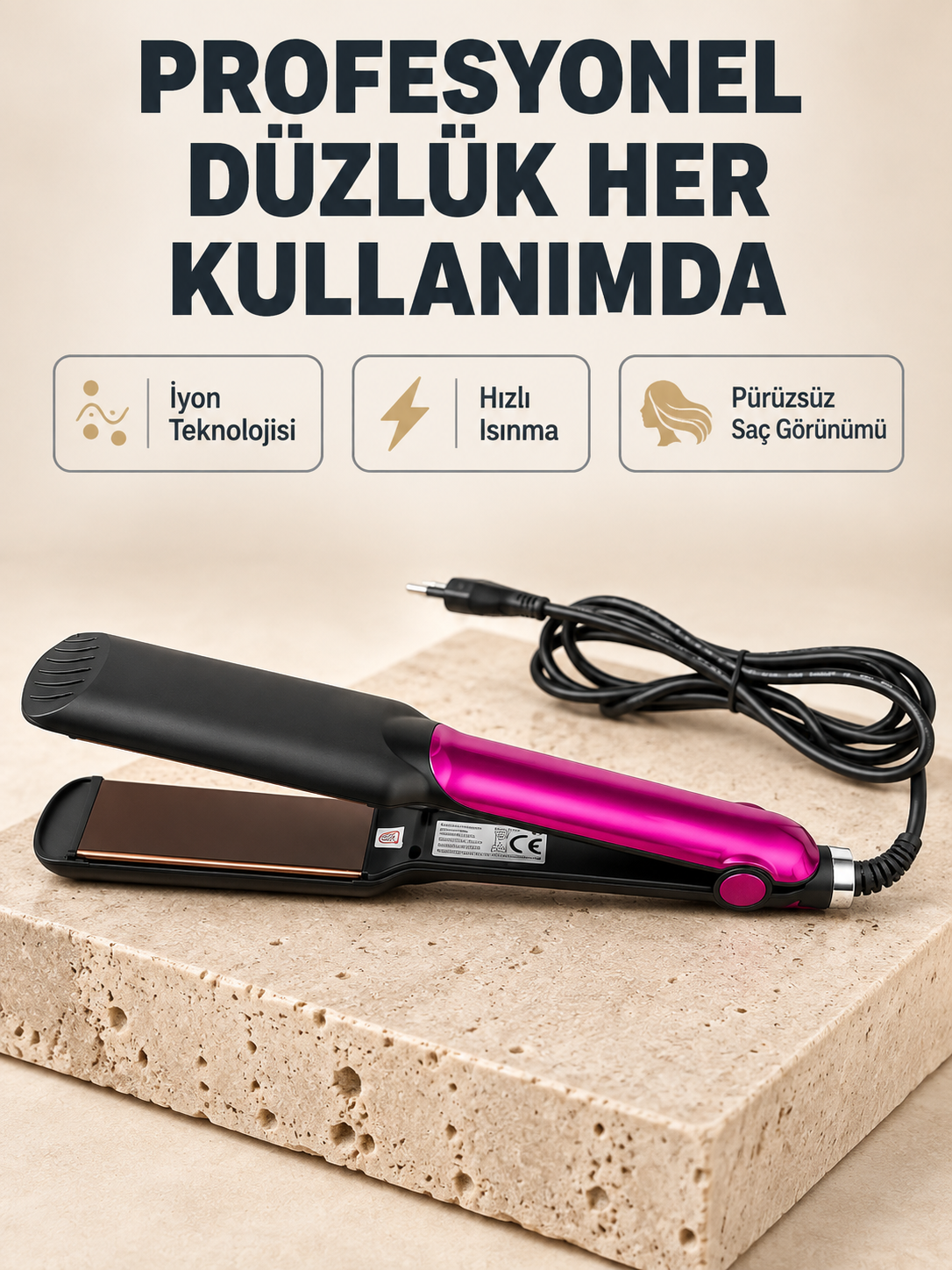 İyonik Saç Düzleştirici – 220°C Isıya Kadar Çıkan, LED Göstergeli ve Eşit Isı Dağılımlı Plaka - Lisinya