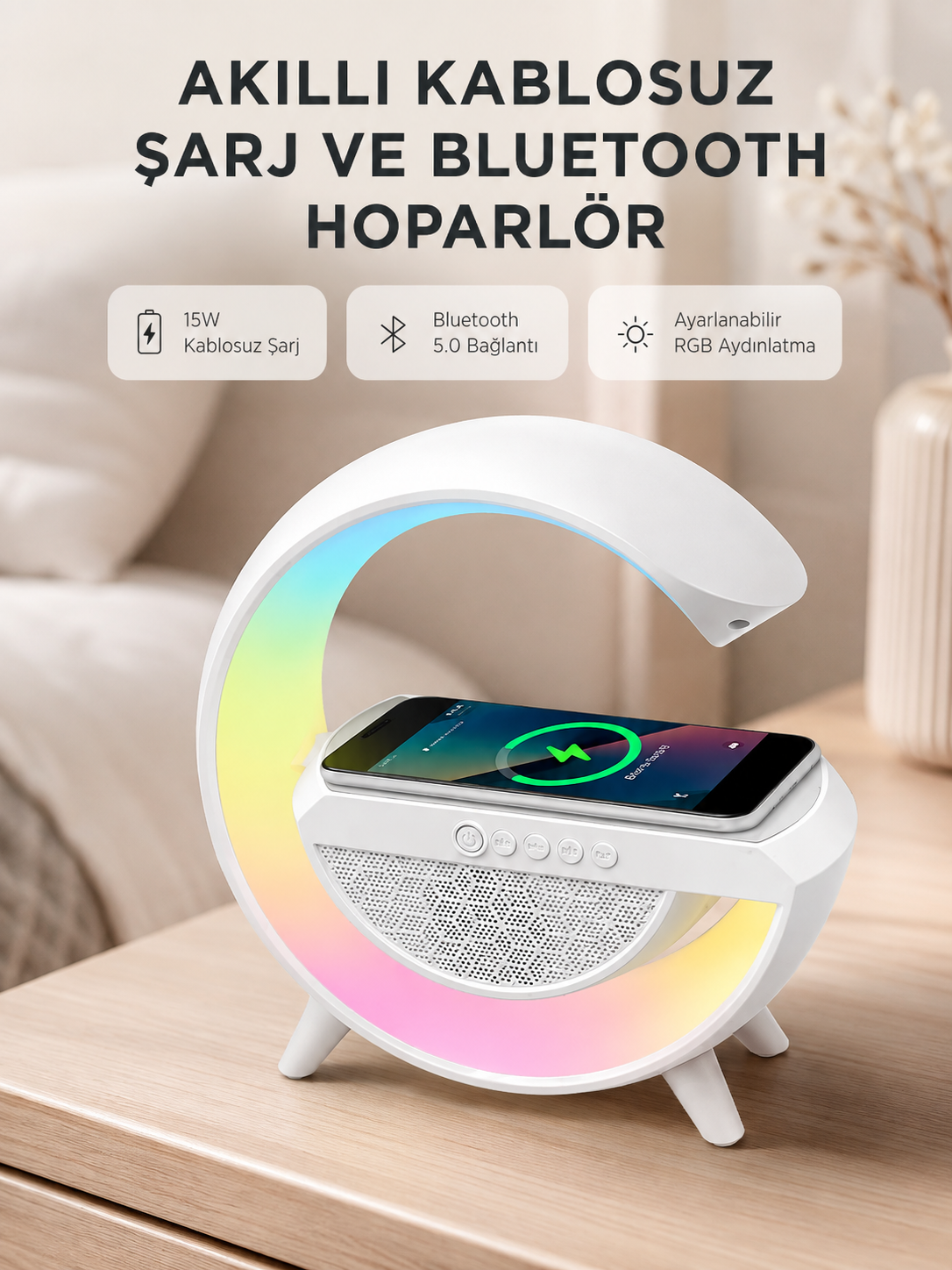 Kablosuz Şarjlı Bluetooth Hoparlör ve Gece Lambası – NFC, FM Radyo, RGB Işık - Lisinya