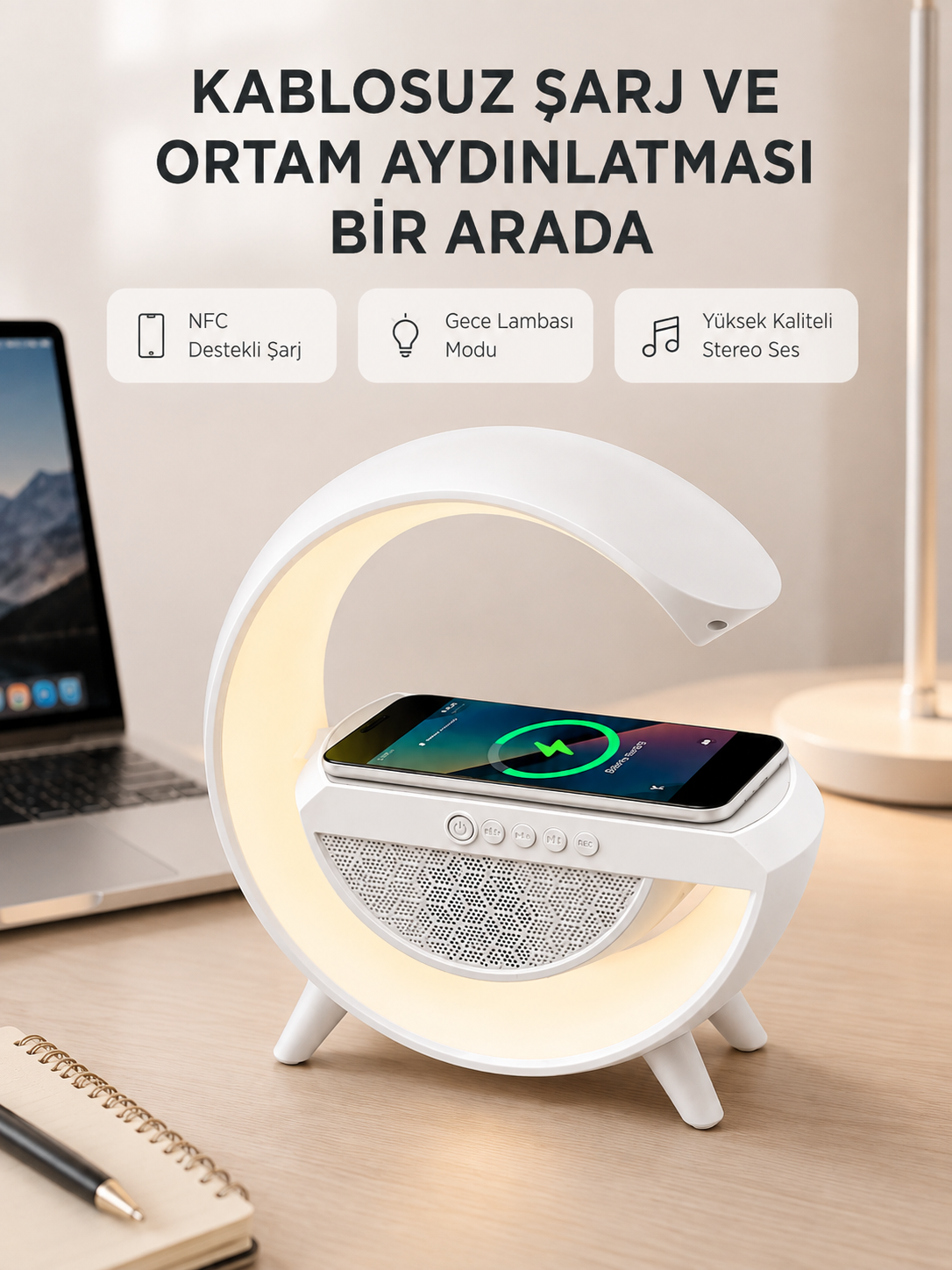 Bluetooth 5.0 Hoparlör – Kablosuz Şarj, RGB Gece Lambası ve FM Radyo - Lisinya