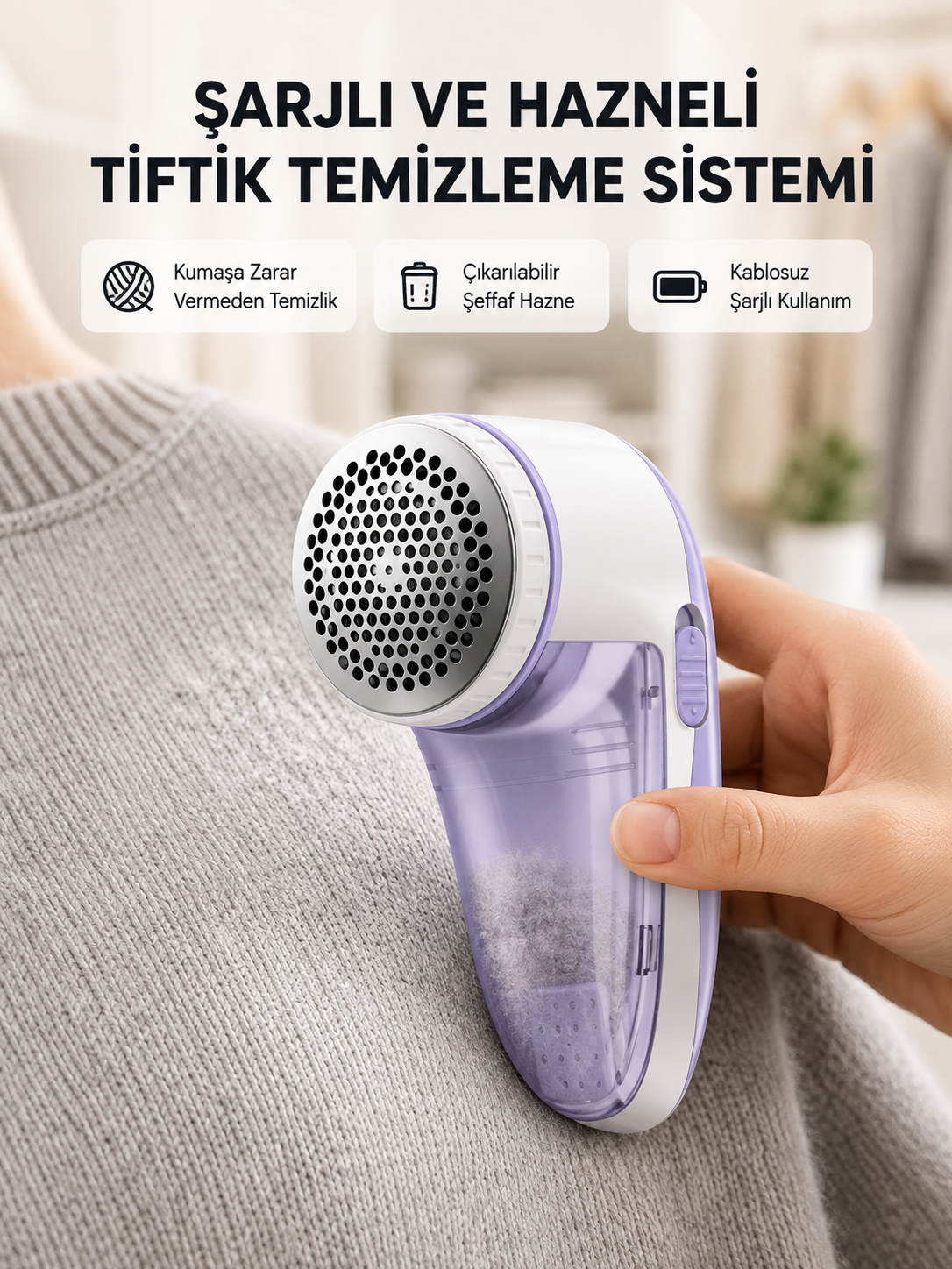 Şarjlı Tiftik Temizleyici – Çıkarılabilir Hazneli, Anti-Statik Fırçalı, USB Şarjlı - Lisinya Şarjlı Tiftik Temizleyici – Çıkarılabilir Hazneli, Anti-Statik Fırçalı, USB Şarjlı - Lisinya