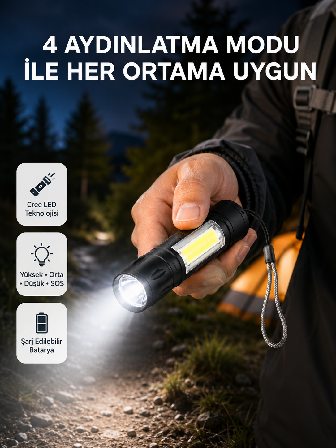 Ultra Dayanıklı 4 Mod Şarjlı Işıldak | Suya ve Darbeye Dayanıklı | 100.000 Saat LED Ömrü - Lisinya