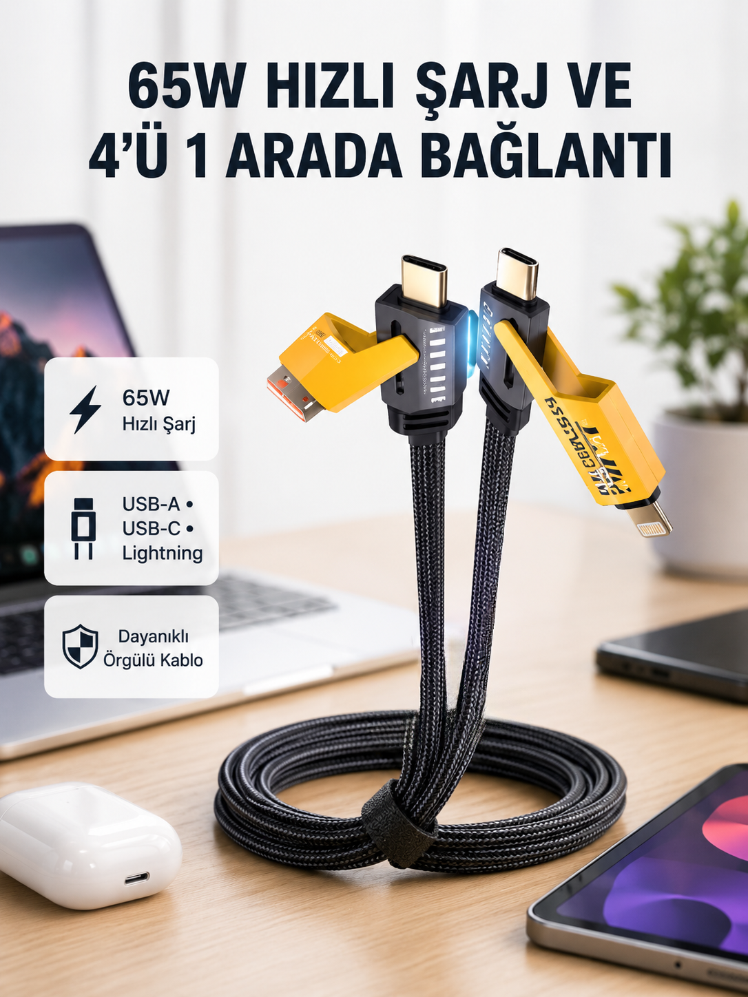 USB-C USB-A 4’ü 1 Arada Örgülü Kablo 65W Hızlı Şarj Metal Uç Dayanıklı - Lisinya USB-C USB-A 4’ü 1 Arada Örgülü Kablo 65W Hızlı Şarj Metal Uç Dayanıklı - Lisinya