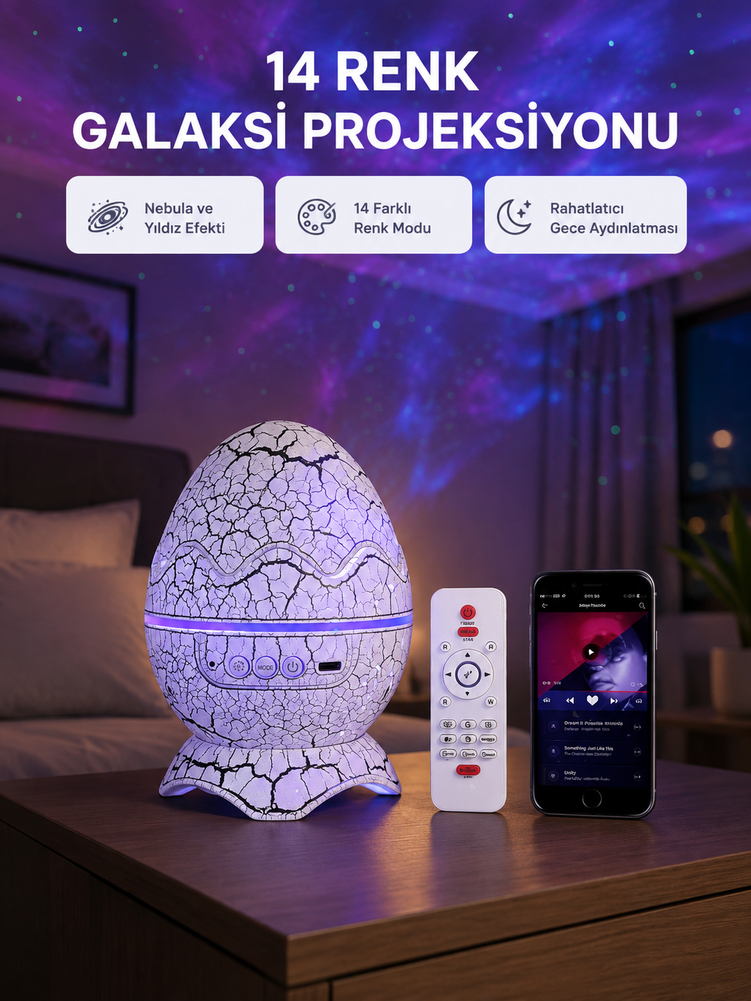 Yıldızlı Gökyüzü Dinozor Yumurta Projektör –  Ayarlanabilir Parlaklık ve Hız - Lisinya