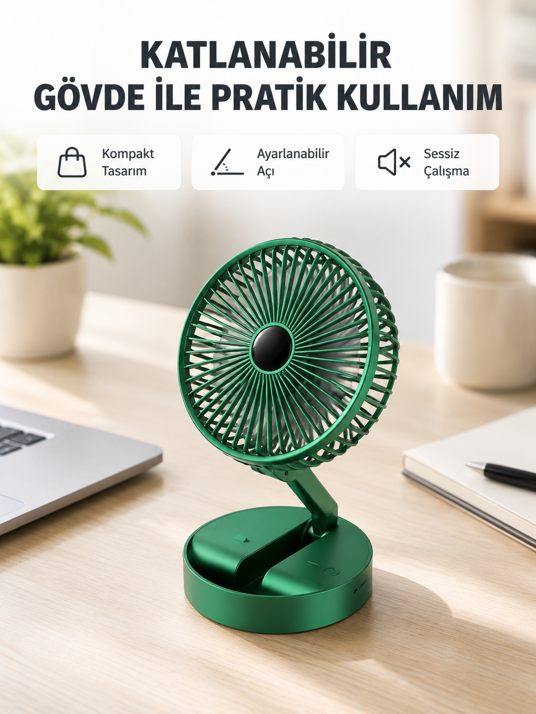 Şarjlı Katlanabilir Mini Fan – 3 Kademe Hız Ayarı, Taşınabilir Tasarım - Lisinya