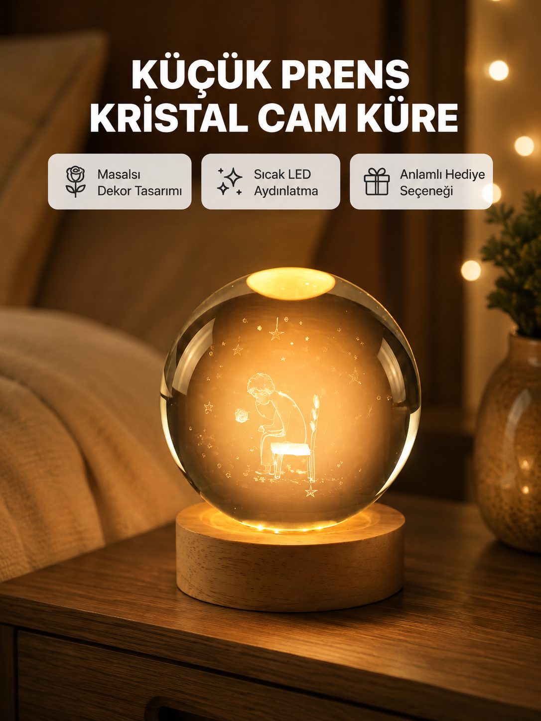8 cm Küçük Prens Cam Küre USB Işıklı Ahşap Tabanlı Dekor - Lisinya 8 cm Küçük Prens Cam Küre USB Işıklı Ahşap Tabanlı Dekor - Lisinya