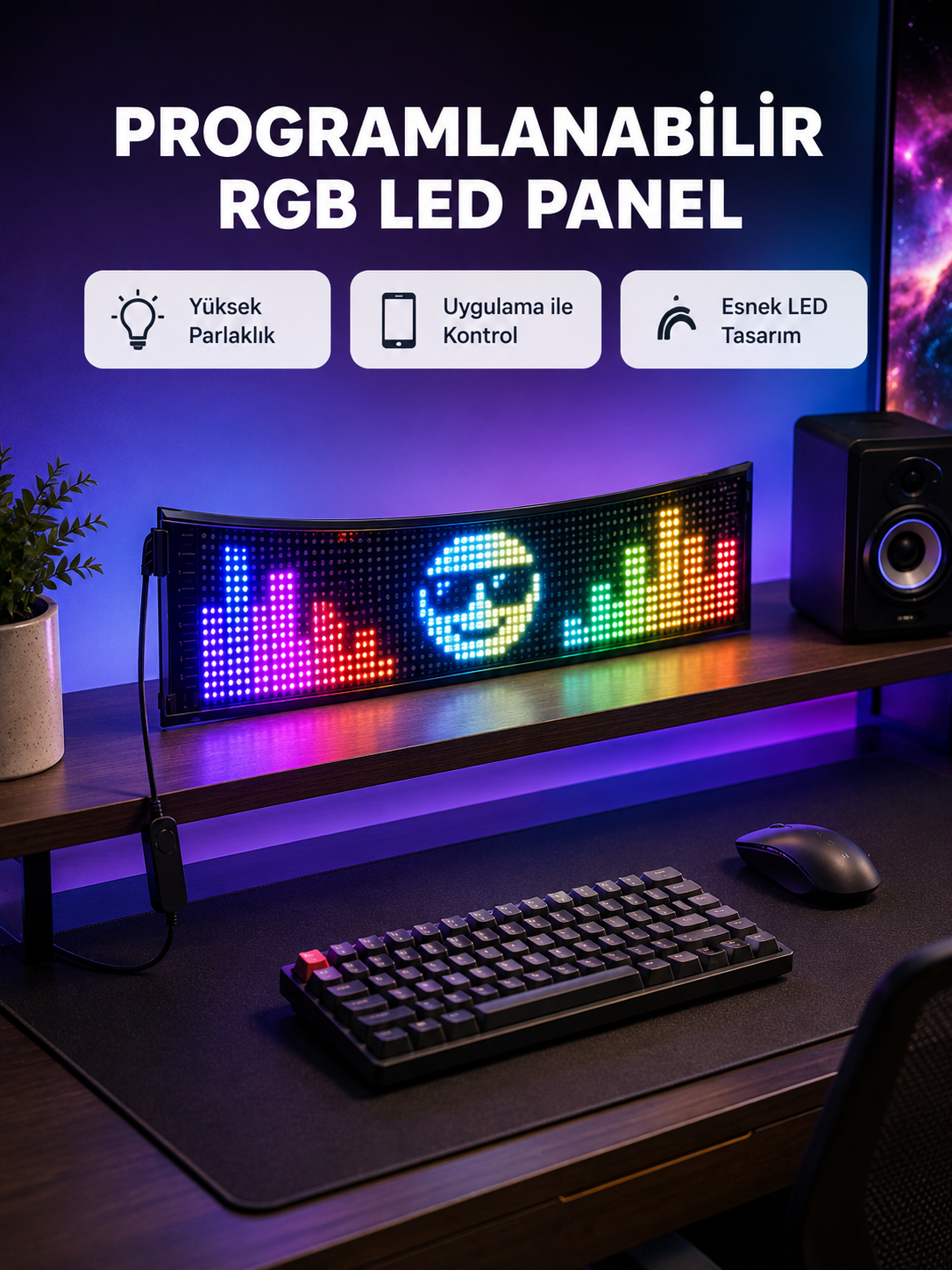 RGB LED Panel – Çok Renkli, Kumandalı, USB Bağlantılı Yazı ve GIF Gösterimli Akıllı Lamba - Lisinya