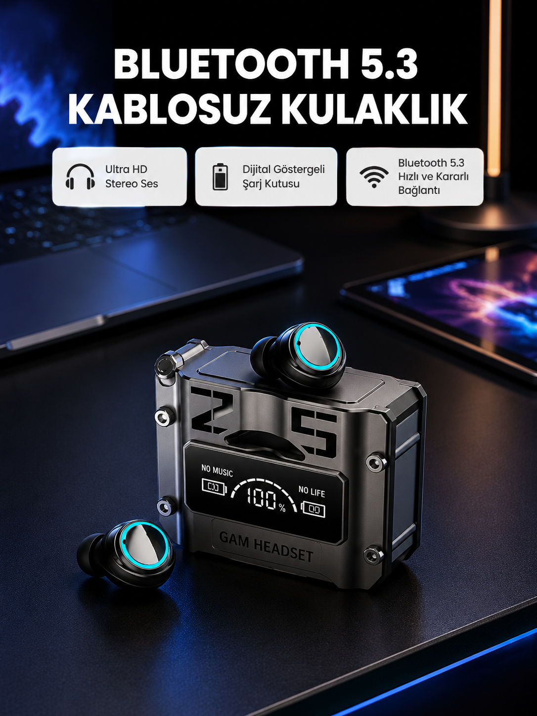 Kablosuz Bluetooth 5.3 Kulaklık – Aktif Gürültü Engelleme ve Gecikmesiz Oyun Modu - Lisinya
