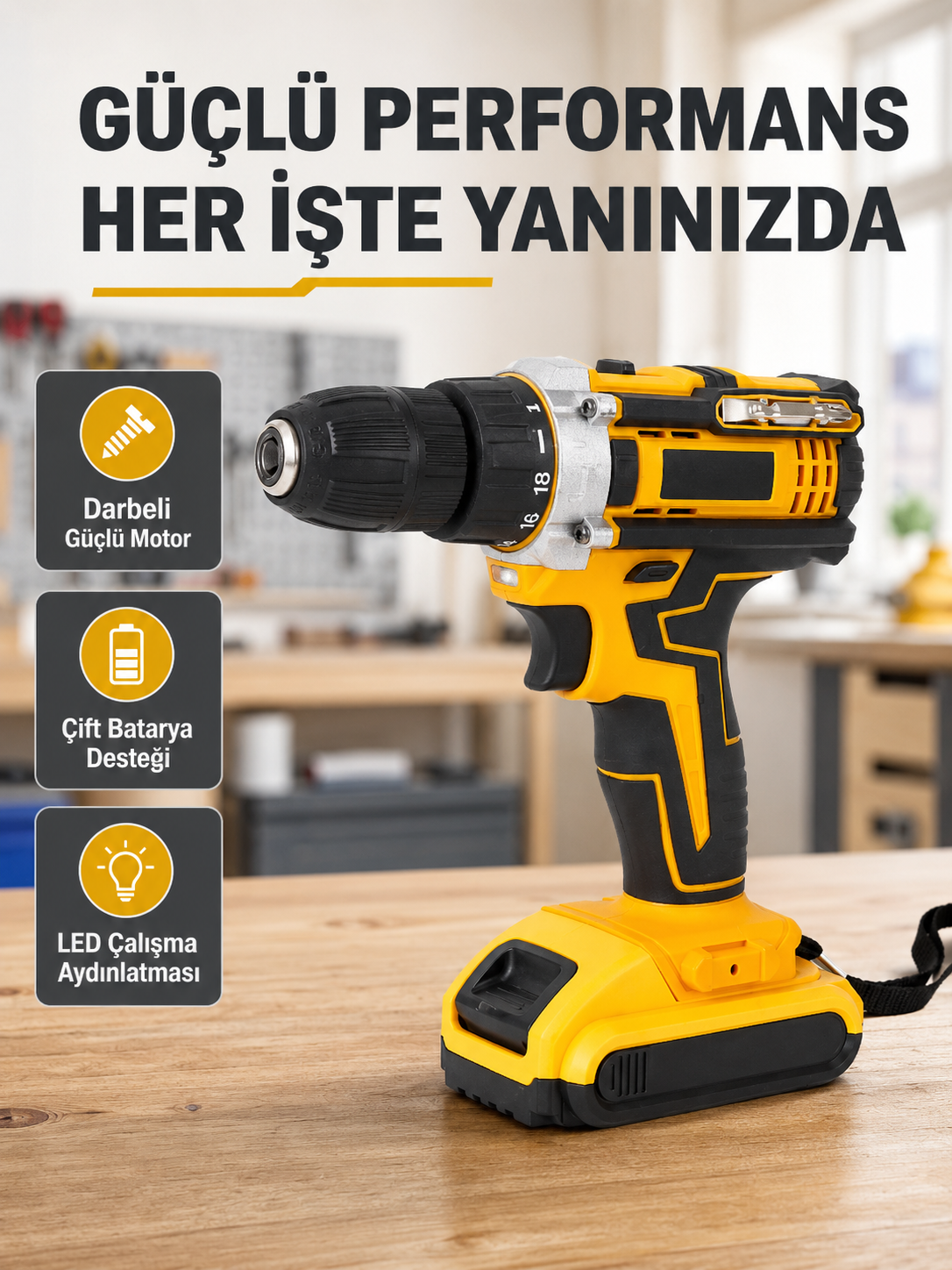 Çift Bataryalı Darbeli Şarjlı Matkap Seti – Metal Dişli, 24 Parça Aksesuar ve LED Işıklı - Lisinya