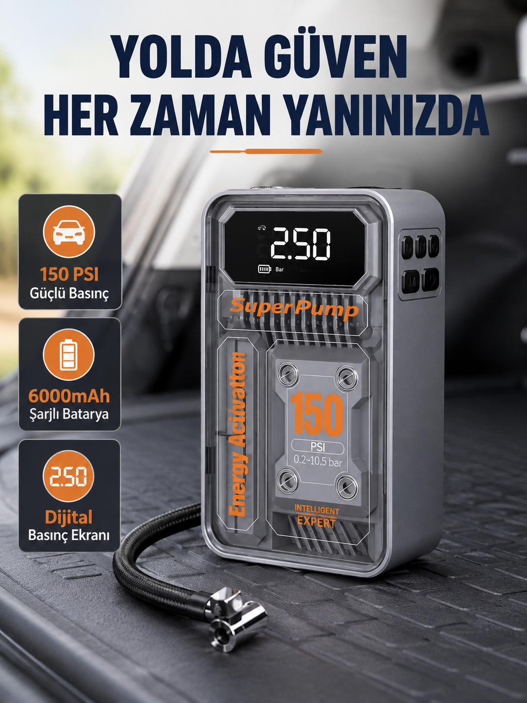 Şarjlı Kablosuz Hava Pompası – 150 PSI Basınç, LED Ekran ve 6000mAh Batarya - Lisinya Şarjlı Kablosuz Hava Pompası – 150 PSI Basınç, LED Ekran ve 6000mAh Batarya - Lisinya