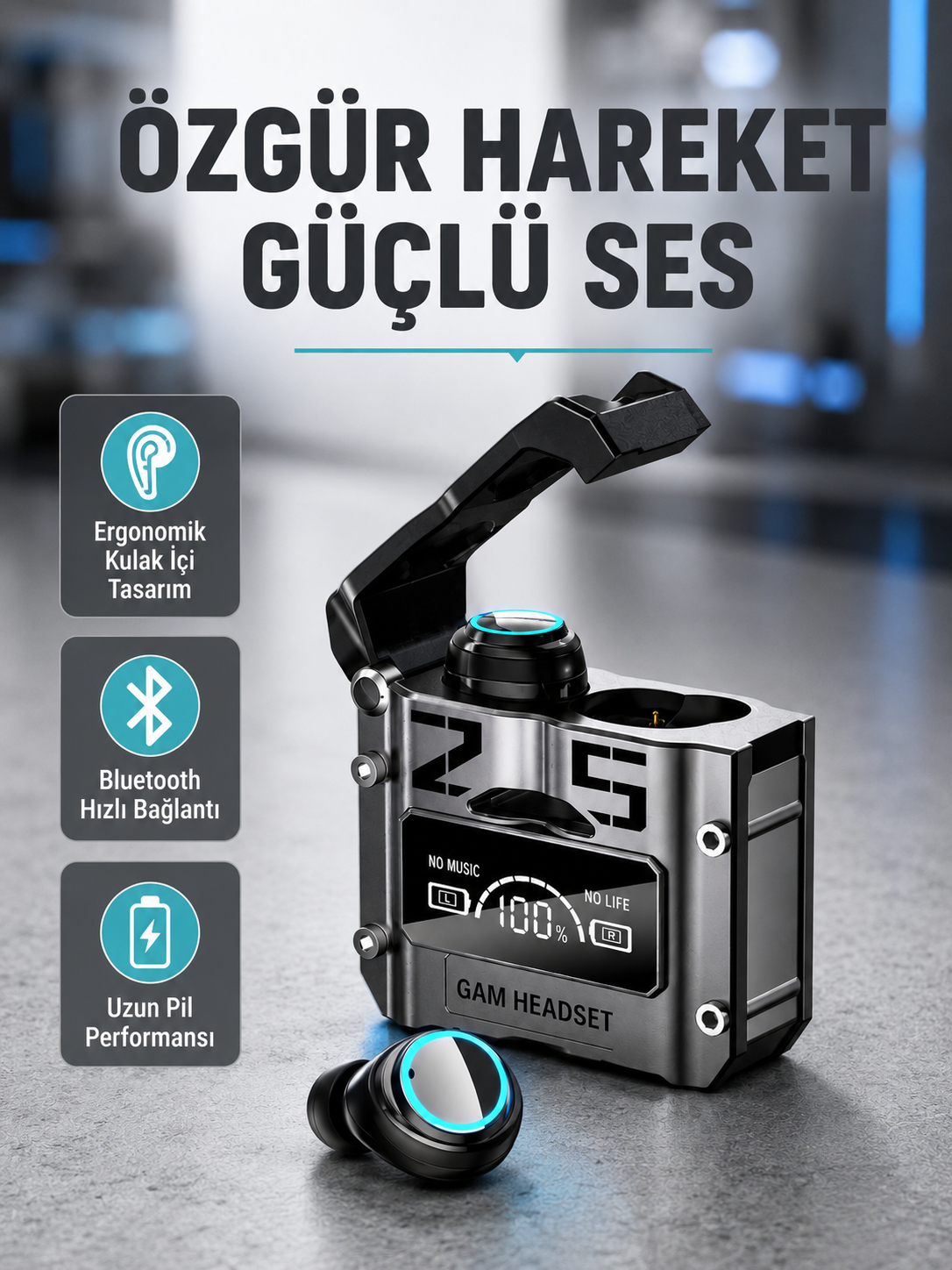 IPX5 Su Geçirmez Kablosuz Bluetooth Kulaklık – Powerbank Şarj Kutulu, Düşük Gecikmeli Oyun Modu - Lisinya