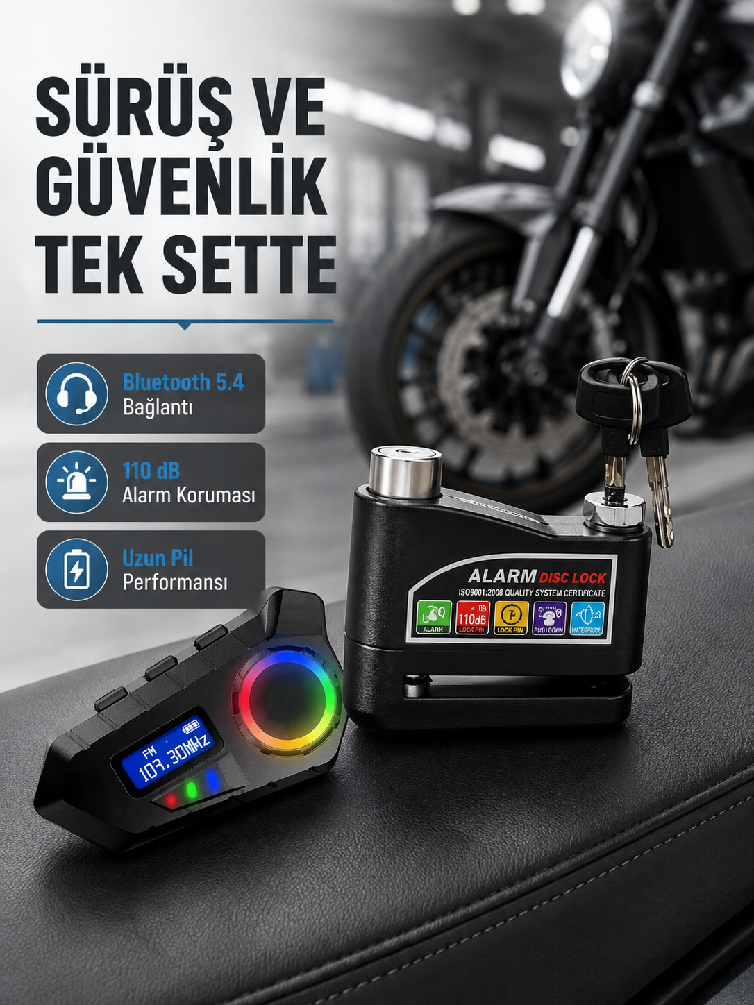 Bluetooth 5.4 İntercom ve Alarmlı Disk Kilidi Seti Güçlü Ses ve Güvenlik - Lisinya