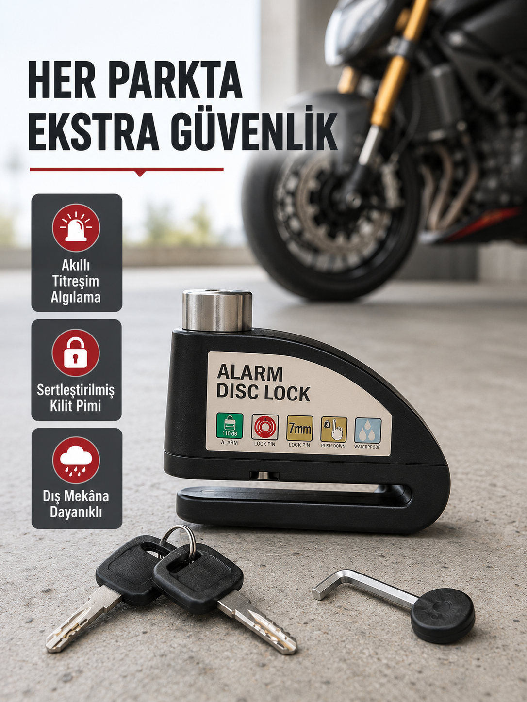 Titreşim Sensörlü Alarmlı Motosiklet Disk Kilidi 14mm Çelik Çift Kilitleme - Lisinya