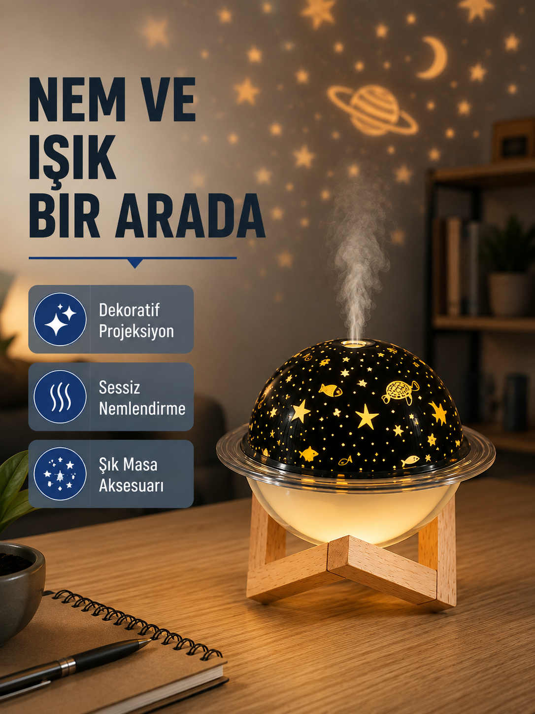 USB Projeksiyon Gece Lambası ve Hava Nemlendirici – Aromaterapi Destekli, Taşınabilir Mini - Lisinya