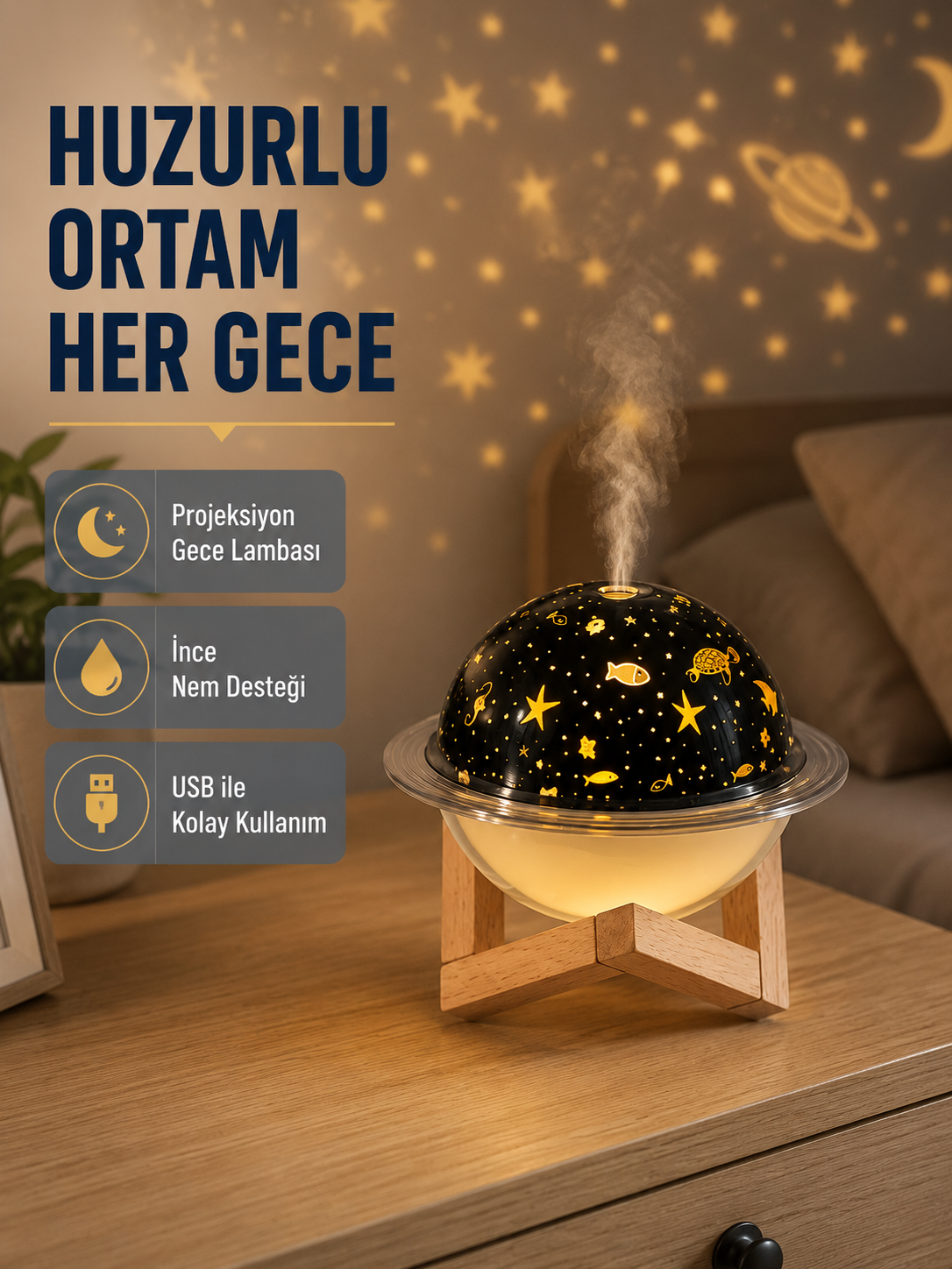 Aromaterapili USB Hava Nemlendirici – Projeksiyon Işıklı, Sessiz ve Şık Tasarım - Lisinya