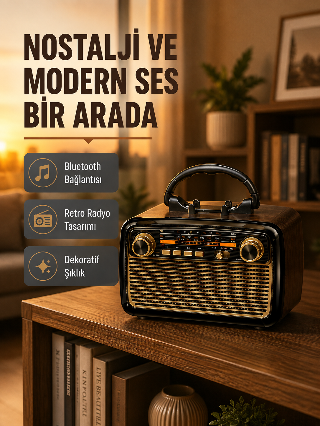 LED’li Nostaljik Bluetooth Hoparlör – Vintage Tasarım, Ahşap Doku - Lisinya