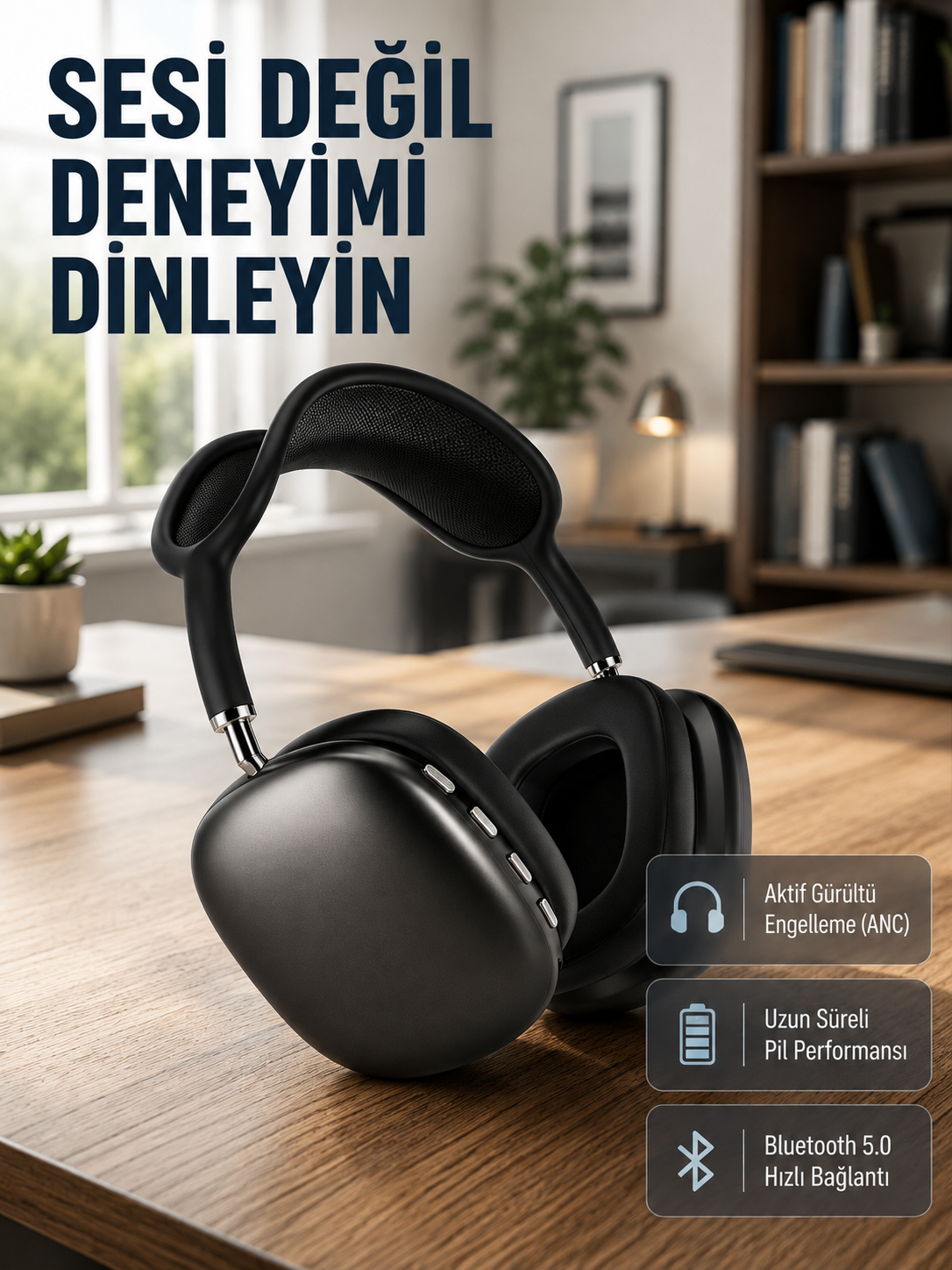 Bluetooth 5.0 Kulak Üstü Kulaklık – Gürültü Engelleme, Uzamsal Ses, Hızlı Şarj - Lisinya