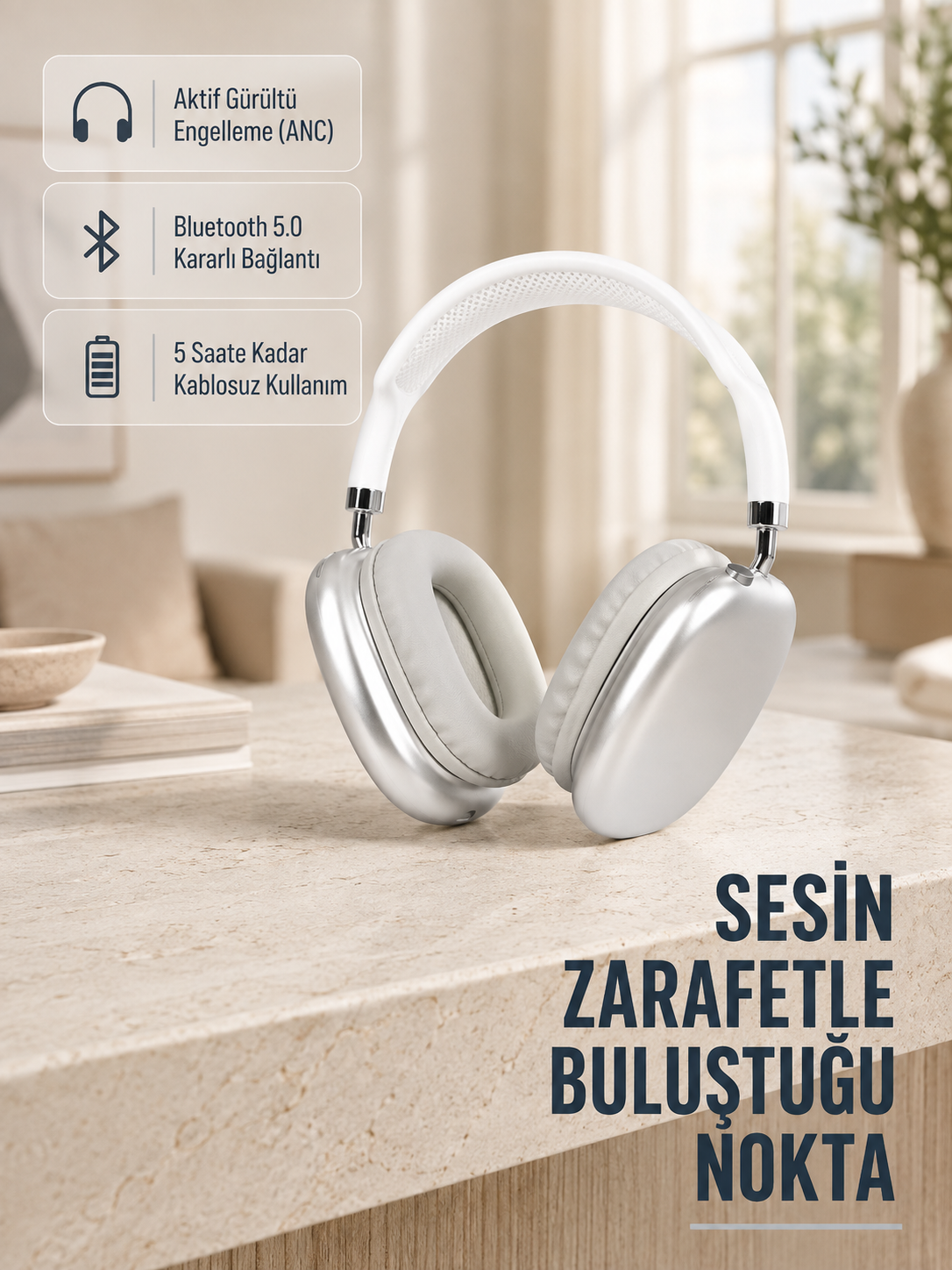 Bluetooth 5.0 Kulak Üstü Kulaklık – Uzamsal Ses, Gürültü Engelleme, Ergonomik Tasarım - Lisinya