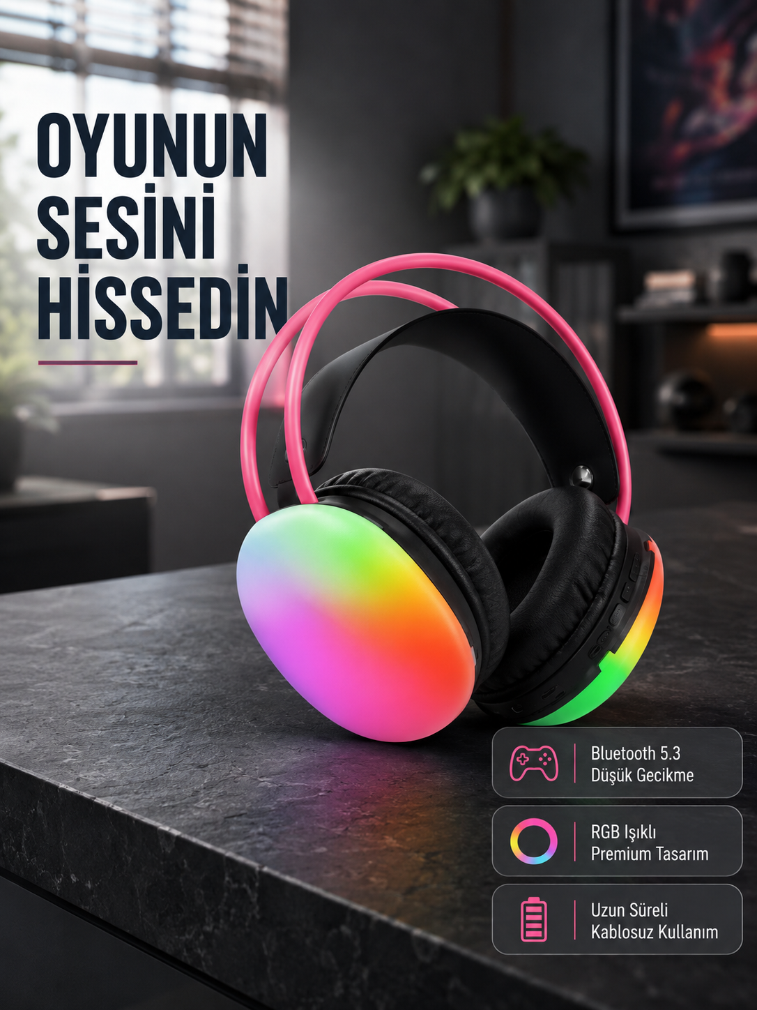 Ergonomik RGB Bluetooth Kulaklık 3D Ses Yeni Nesil - Lisinya Ergonomik RGB Bluetooth Kulaklık 3D Ses Yeni Nesil - Lisinya