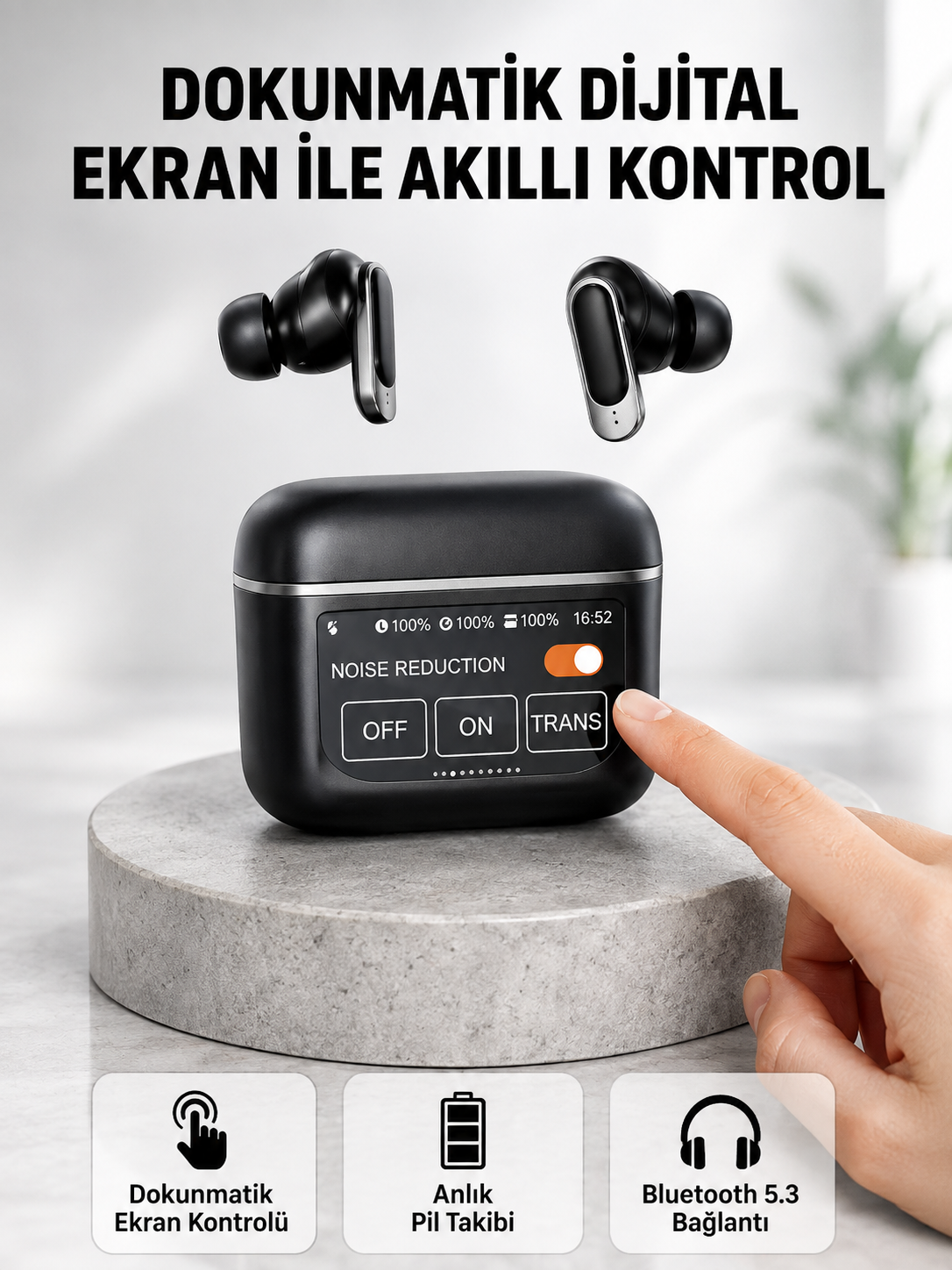 Bluetooth 5.3 ANC Kablosuz Kulaklık – Dokunmatik Kontrol, Dijital Ekran ve Uzun Pil Ömrü - Lisinya
