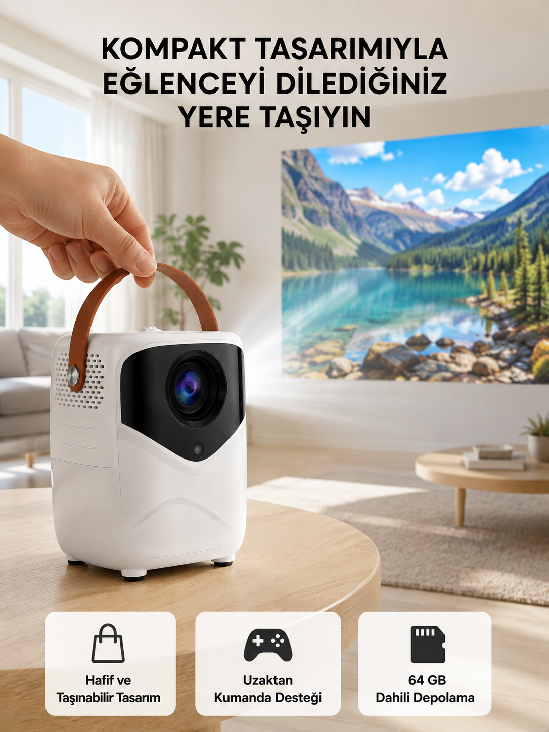 Mini Akıllı Projektör – 1080P Full HD, 64GB Depolama, 2GB RAM, Uzaktan Kumanda Destekli Yeni Nesil - Lisinya