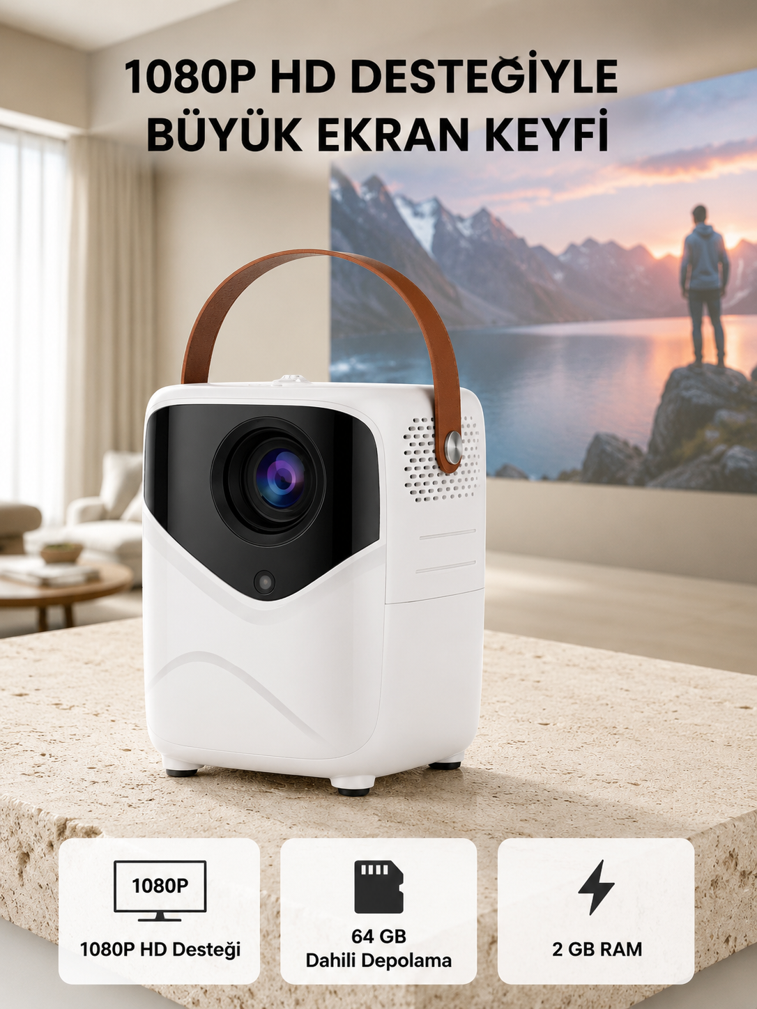 Taşınabilir Akıllı 1080P Projektör – 64GB Hafıza, 2GB RAM, Full HD Görüntü, Kumandalı Yeni Nesil - Lisinya