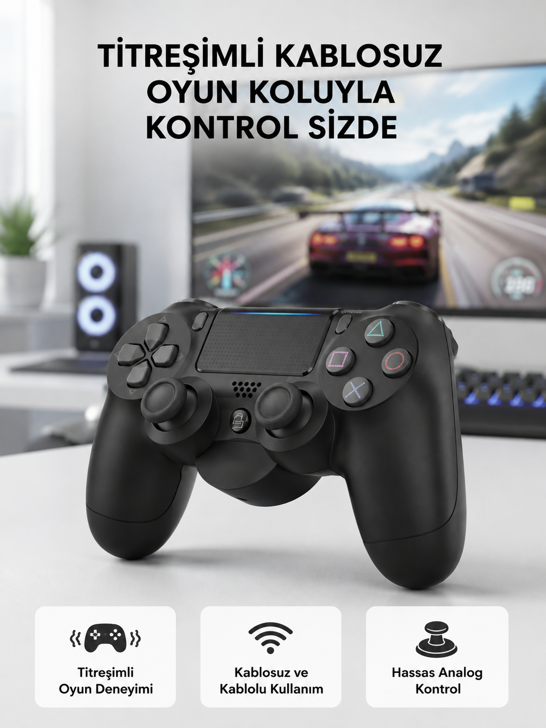 PS4 Kablosuz Oyun Kolu V2 – Bluetooth Bağlantılı, Titreşimli, PC ve Mobil Uyumlu - Lisinya