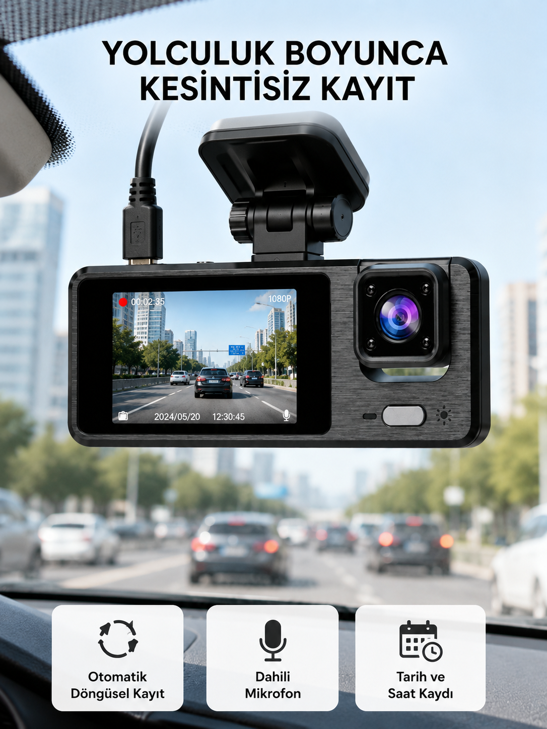 3 Kameralı Araç DVR 1080P Ön + HD Arka + İç Kamera Döngü Kayıt 2’’ Ekran - Lisinya