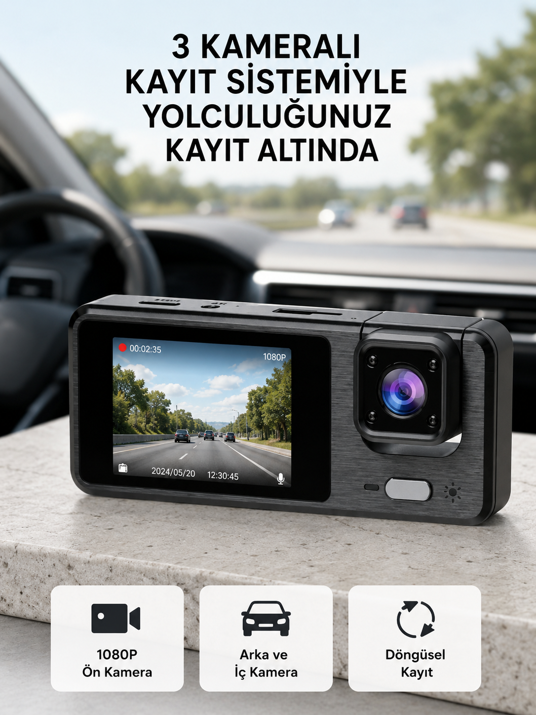 Park Modlu 3 Kameralı Araç Kayıt Cihazı 1080P Ön Kamera 2’’ Ekran - Lisinya