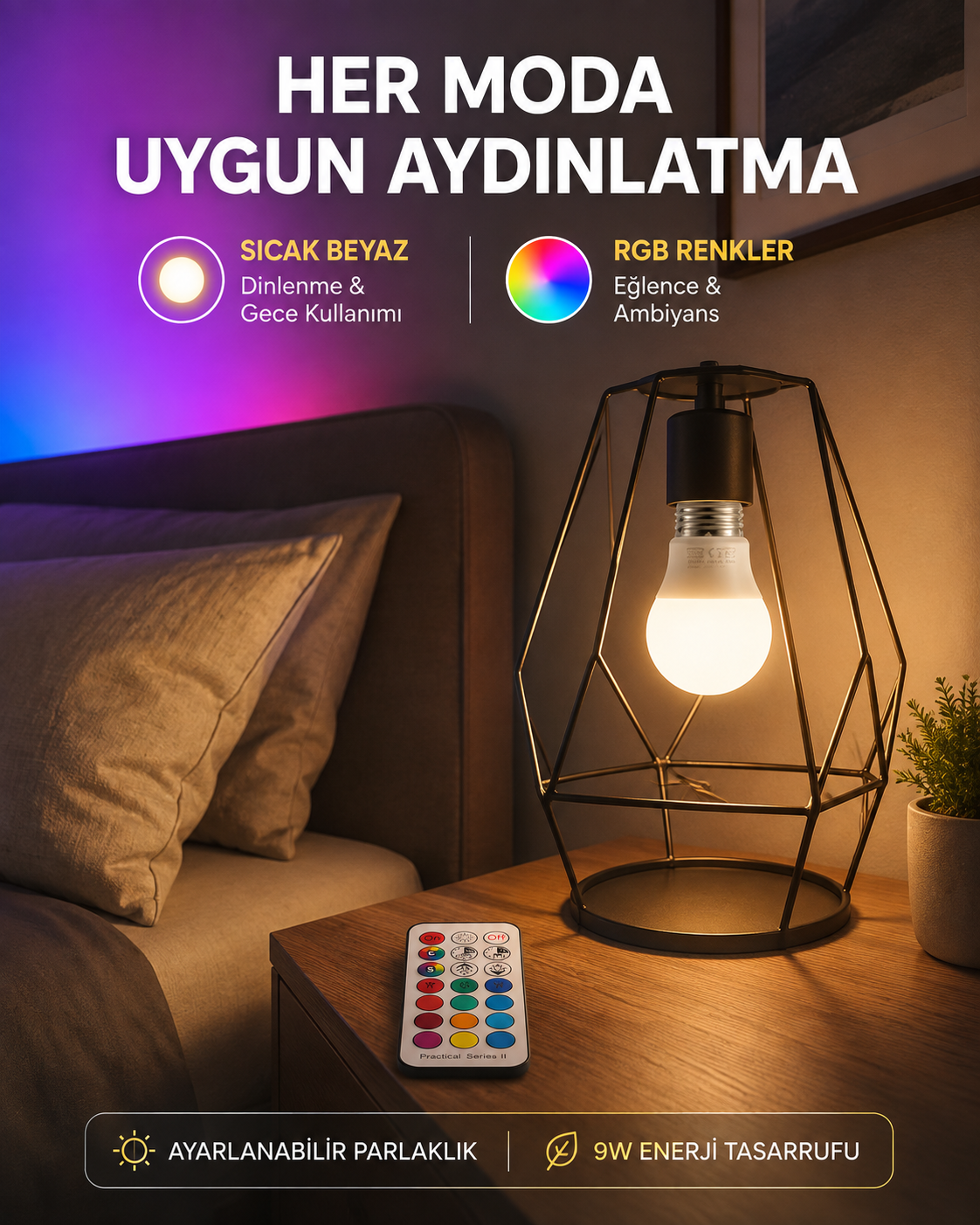 Kumanda Destekli Çok Renkli Akıllı LED Ampul Yeni Nesil - Lisinya