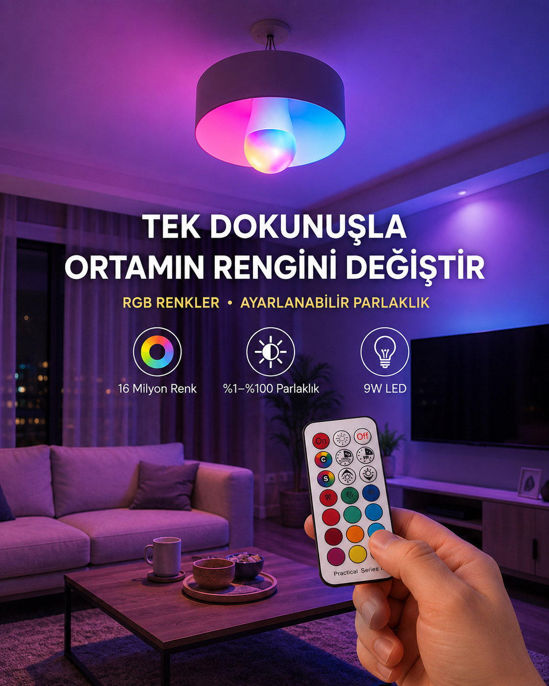 Kumanda Destekli Çok Renkli Akıllı LED Ampul Yeni Nesil - Lisinya