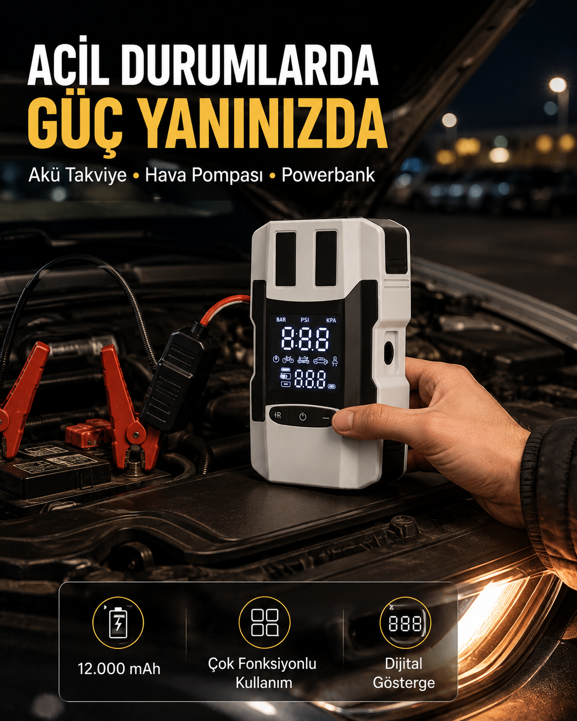 Dijital Ekranlı Araç Pompası Akü Takviye Powerbank 12.000 mAh Yeni Nesil - Lisinya Dijital Ekranlı Araç Pompası Akü Takviye Powerbank 12.000 mAh Yeni Nesil - Lisinya