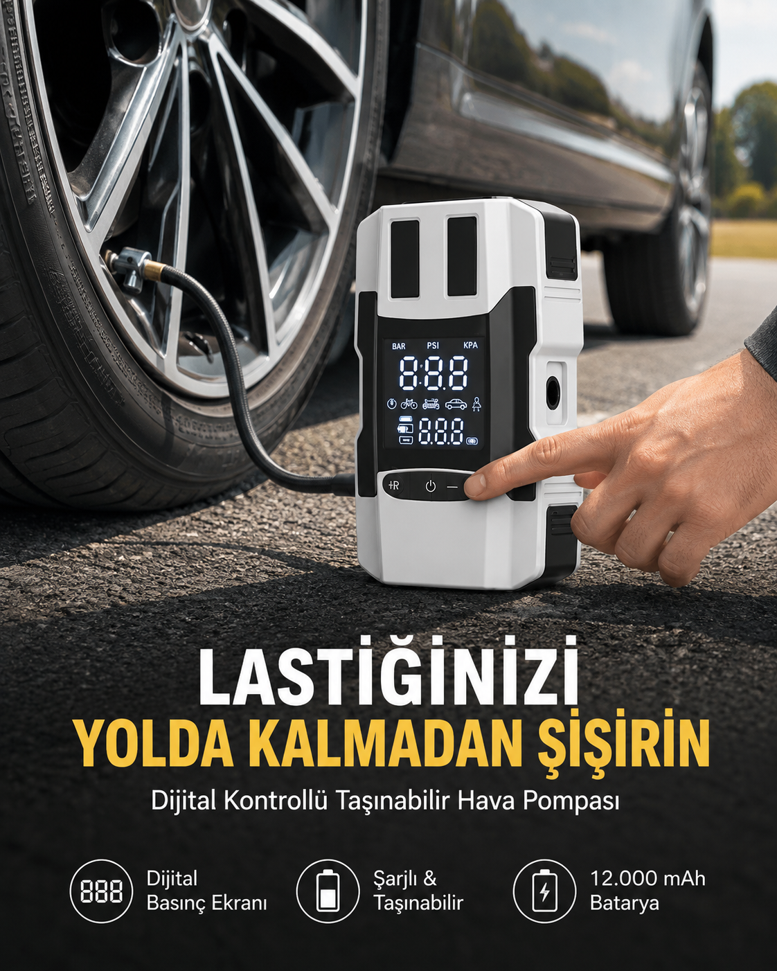 Araç Lastik Şişirme Pompası ve Akü Takviye Powerbank Bir Arada Yeni Nesil - Lisinya