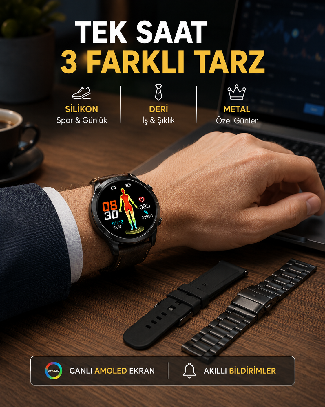 AMOLED Ekranlı Akıllı Saat – 3 Kordon Seçenekli, Suya Dayanıklı, Kalp Atış ve Uyku Takip Özellikli - Lisinya AMOLED Ekranlı Akıllı Saat – 3 Kordon Seçenekli, Suya Dayanıklı, Kalp Atış ve Uyku Takip Özellikli - Lisinya