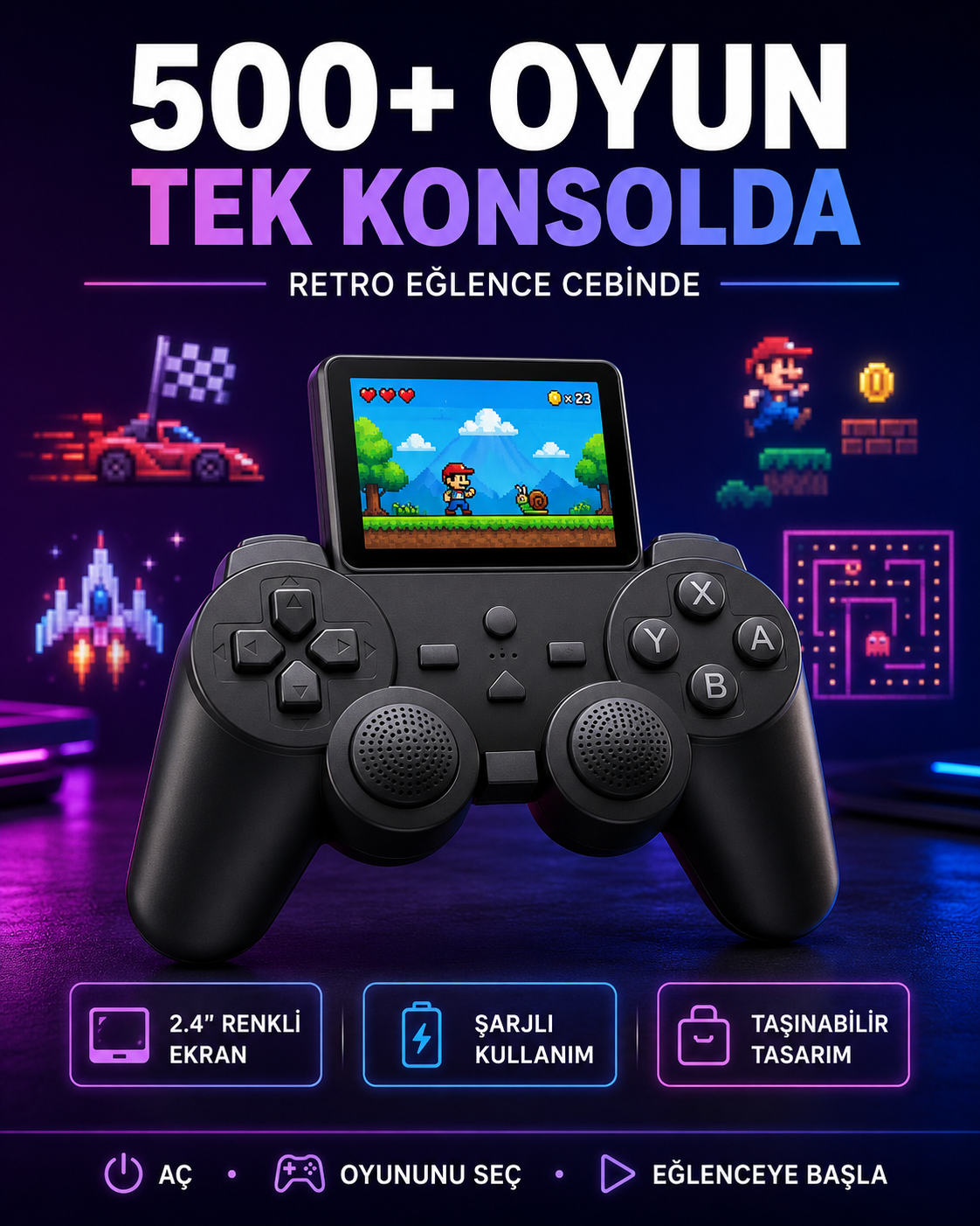 Çocuklar ve Yetişkinler İçin Uygun 500 Oyunlu Taşınabilir Mini Retro El Konsolu - Lisinya