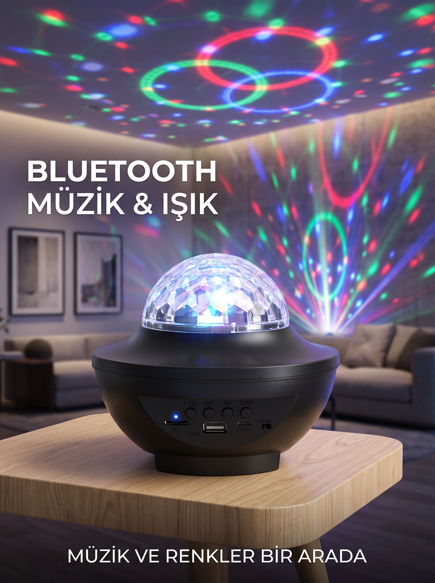 Bluetooth Hoparlörlü RGB Disko Işığı Müzikli Parti Lambası USB TF Kart Destekli - Lisinya