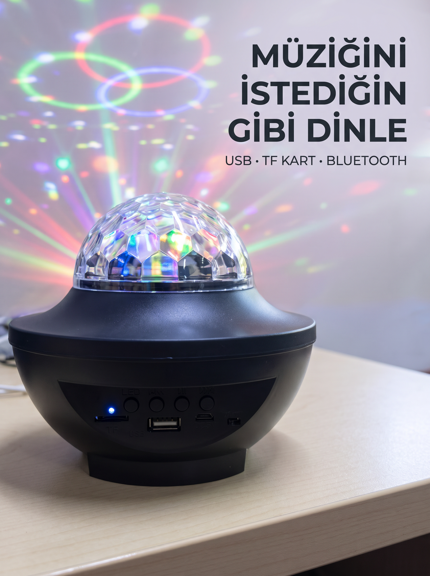 Bluetooth Müzikli Disko Işığı RGB Parti Projektörü Dahili Hoparlör USB Micro SD Destekli - Lisinya