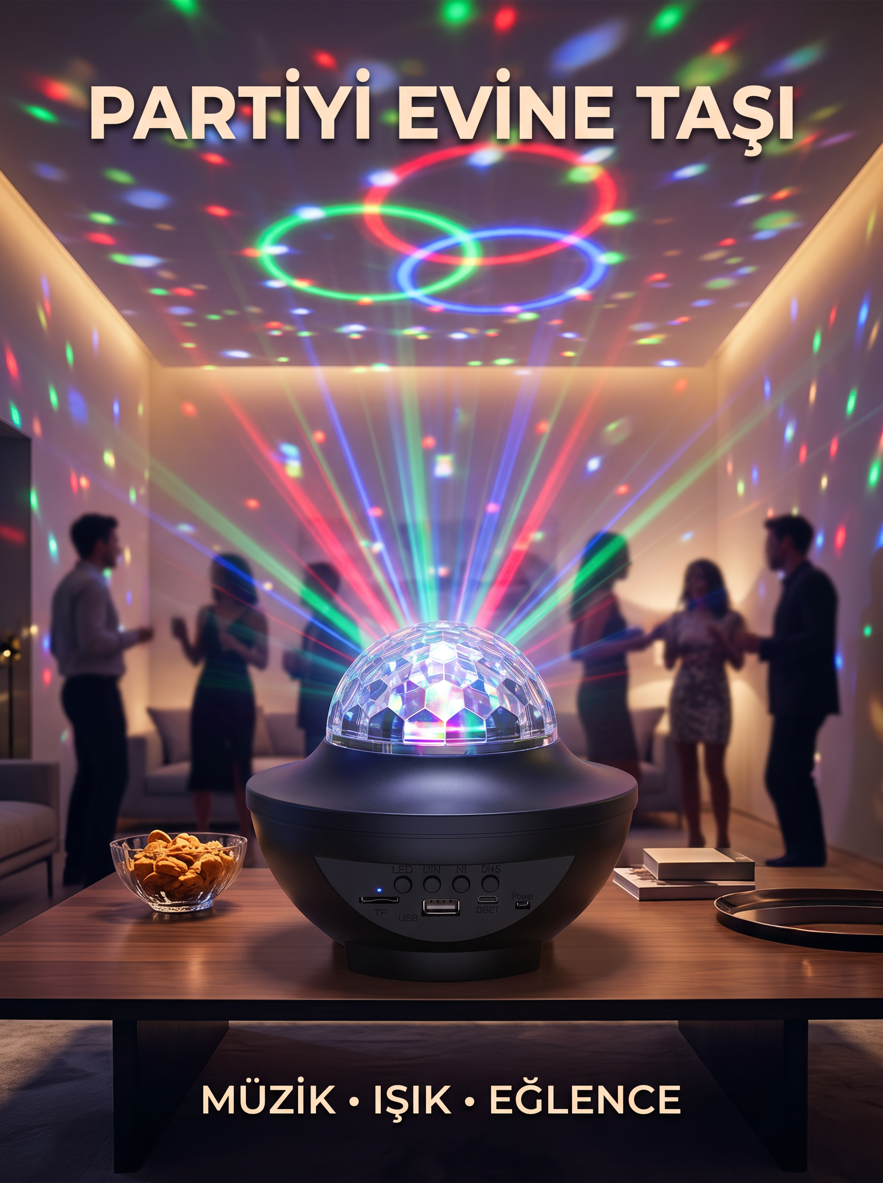 Müzikli RGB Disko Lambası Bluetooth Hoparlörlü Renkli Parti Işığı USB TF Kart Girişli - Lisinya