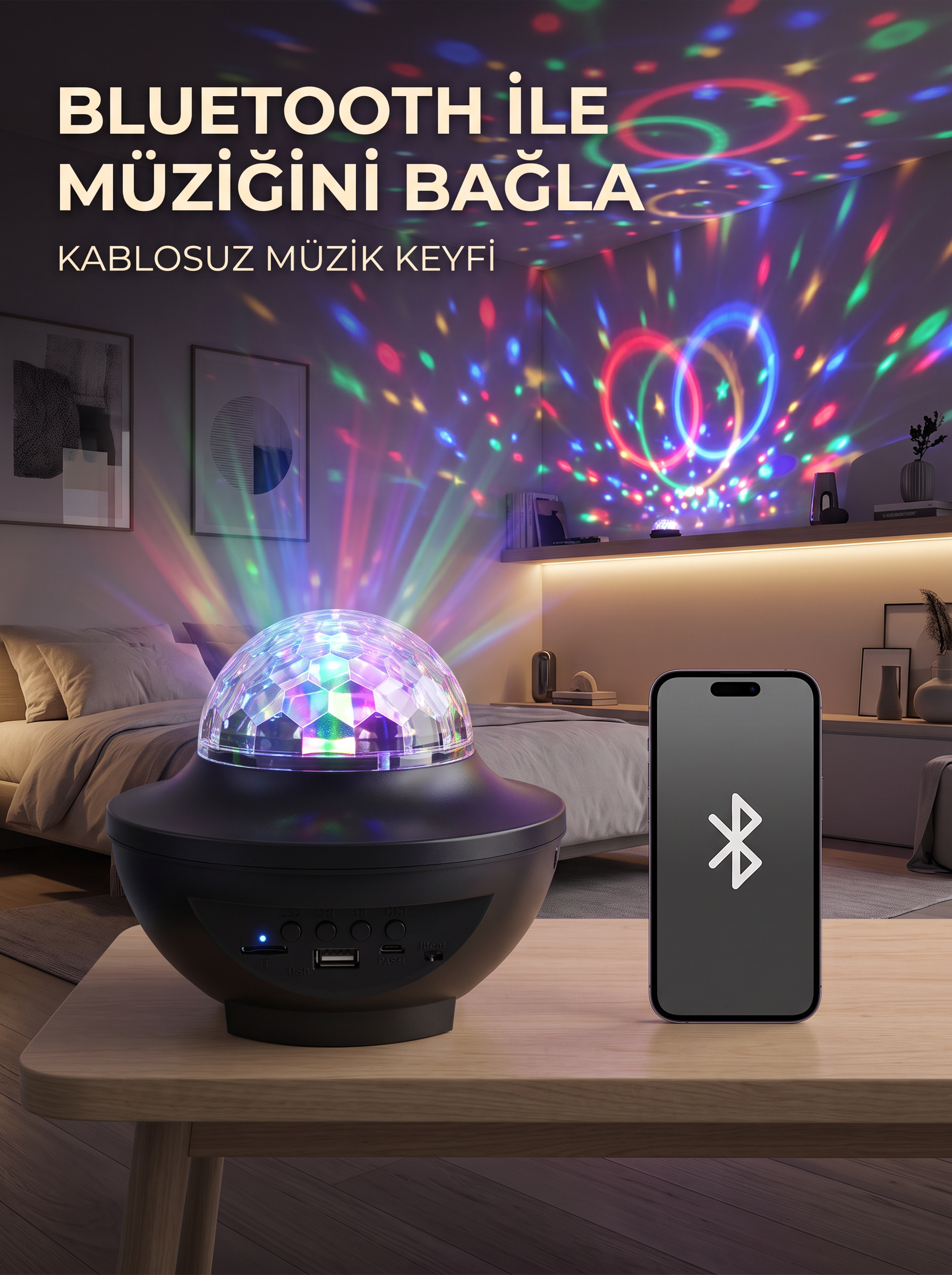 Bluetooth RGB Parti Işığı Hoparlörlü Disko Lambası MP3 USB ve Hafıza Kartı Destekli - Lisinya