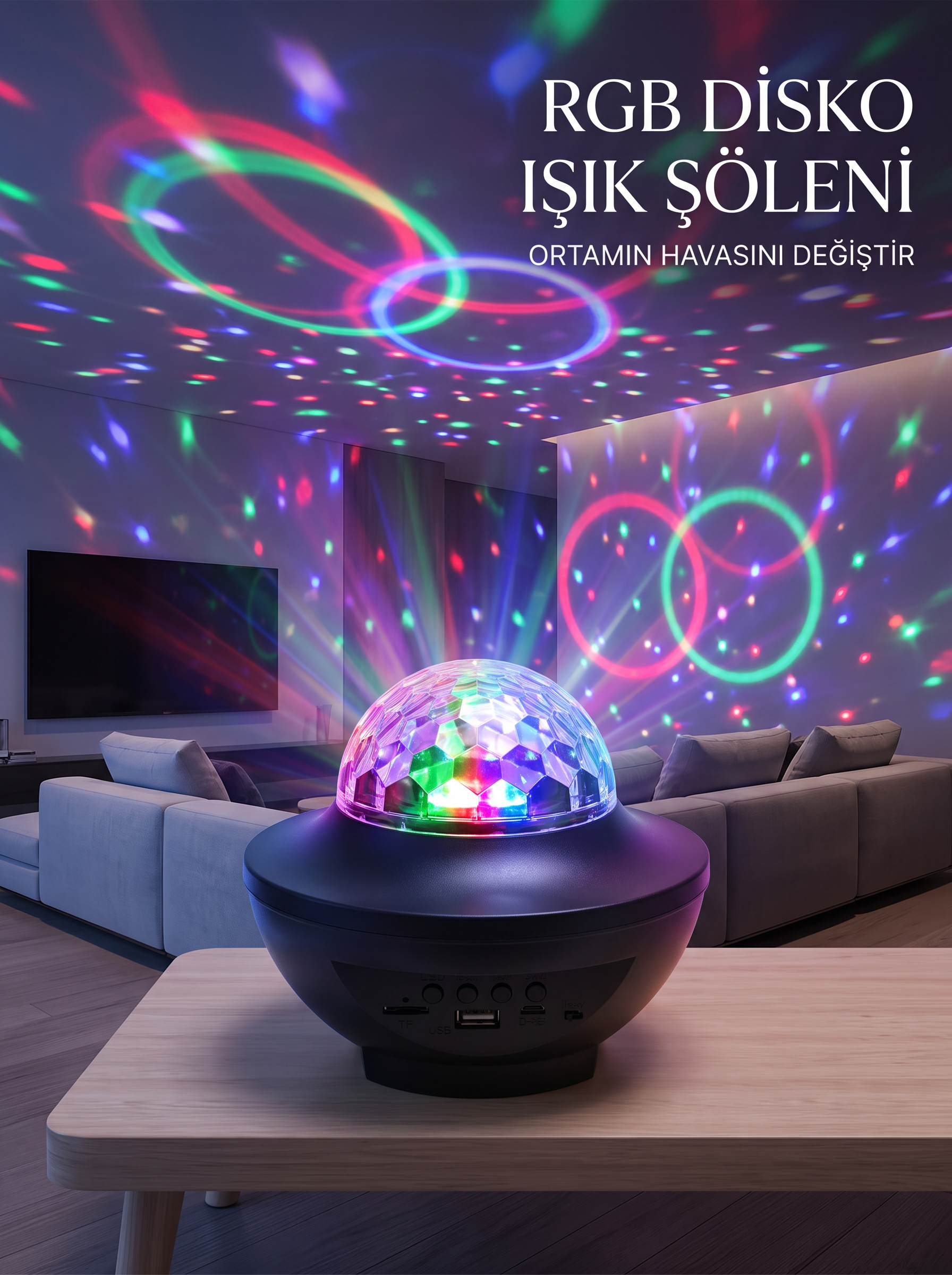 RGB Bluetooth Disko Lambası Dahili Hoparlörlü Müzikli Parti Işığı USB ve TF Kartlı - Lisinya