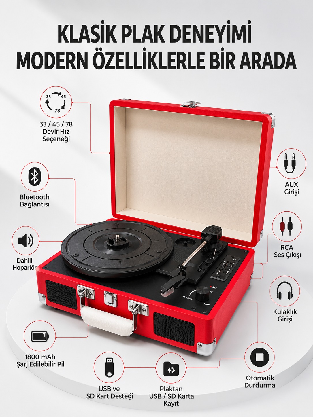 Taşınabilir Bavul Tipi Pikap Bluetooth Özellikli Dahili Hoparlörlü USB ve SD Kart Destekli Kırmızı - Lisinya Taşınabilir Bavul Tipi Pikap Bluetooth Özellikli Dahili Hoparlörlü USB ve SD Kart Destekli Kırmızı - Lisinya