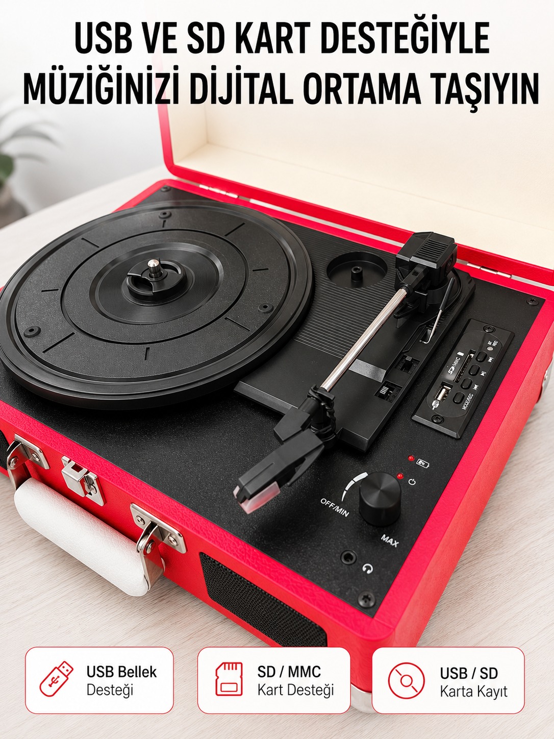 Bluetooth Bağlantılı Portatif Pikap 33 45 78 Devir Dahili Hoparlör ve Şarj Edilebilir Pil - Lisinya Bluetooth Bağlantılı Portatif Pikap 33 45 78 Devir Dahili Hoparlör ve Şarj Edilebilir Pil - Lisinya