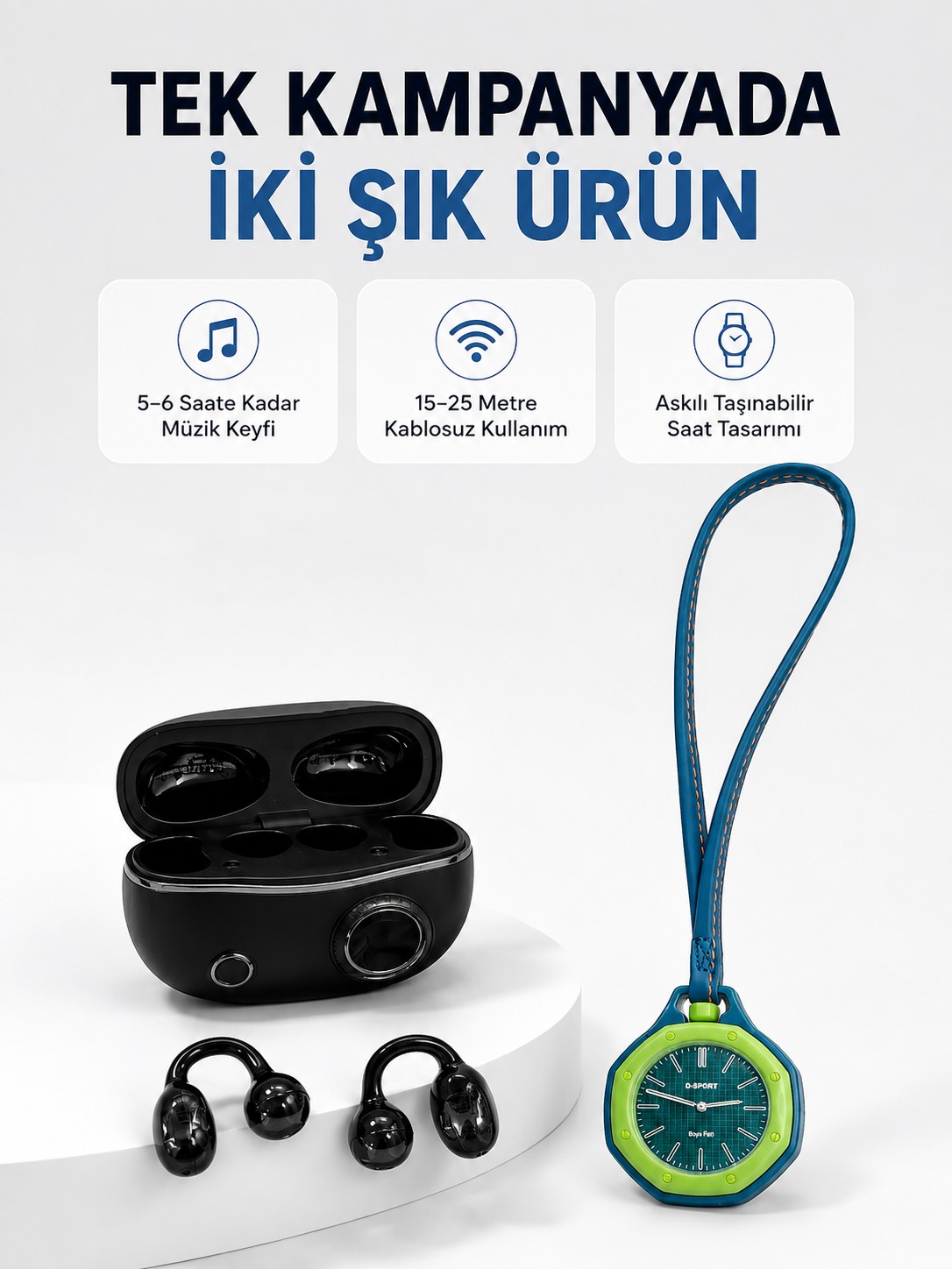 Yeşil Çanta Charm Saat ve Kablosuz Bluetooth Kulaklık İkili Kampanya Seti Günlük Kullanım - Lisinya