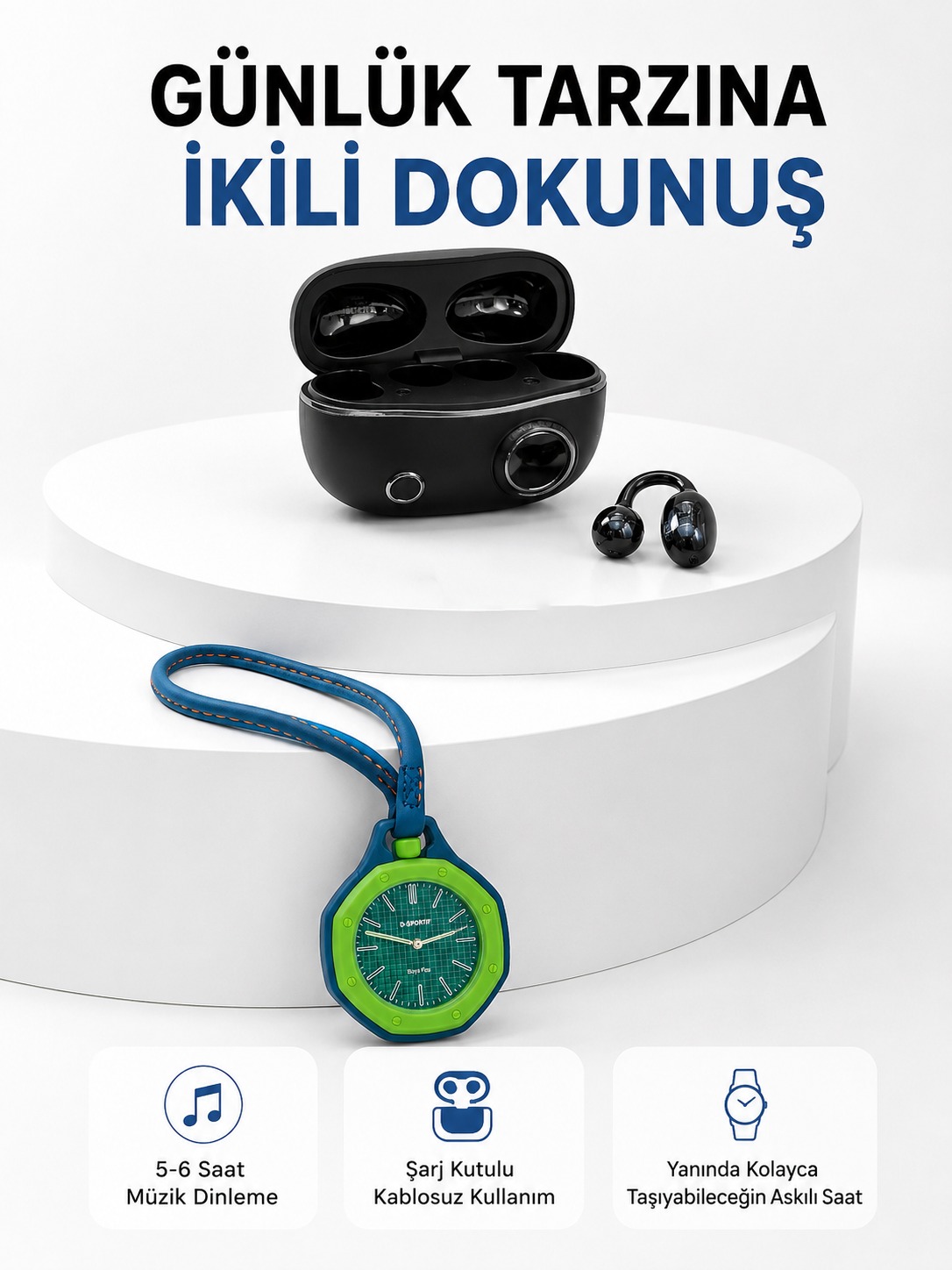 Şarj Kutulu Kablosuz Kulaklık ve Yeşil Askılı Analog Çanta Saati Avantajlı İkili Set - Lisinya