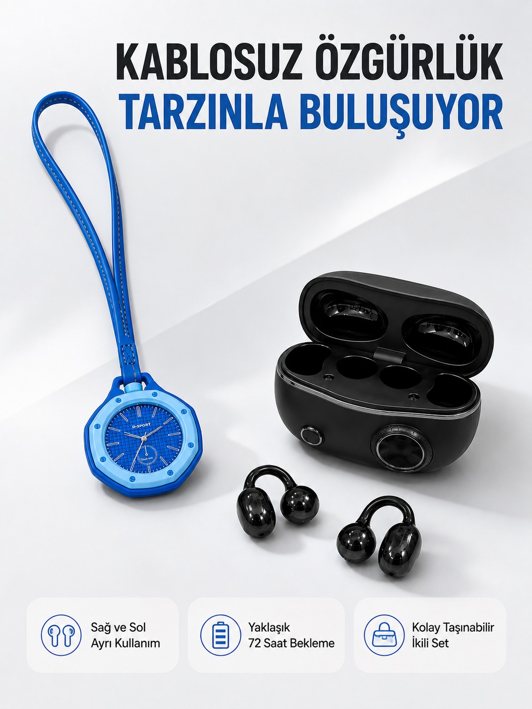 Kablosuz Kulaklık ve Mavi Çanta Charm Saat Kampanya Seti Taşınabilir Günlük Kullanım - Lisinya Kablosuz Kulaklık ve Mavi Çanta Charm Saat Kampanya Seti Taşınabilir Günlük Kullanım - Lisinya