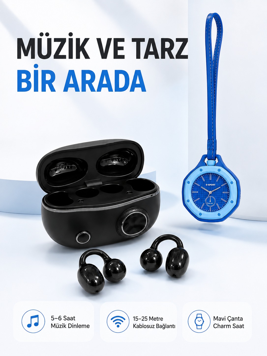 Şarj Kutulu Kablosuz Kulaklık ve Askılı Mavi Charm Saat Avantajlı İkili Set - Lisinya