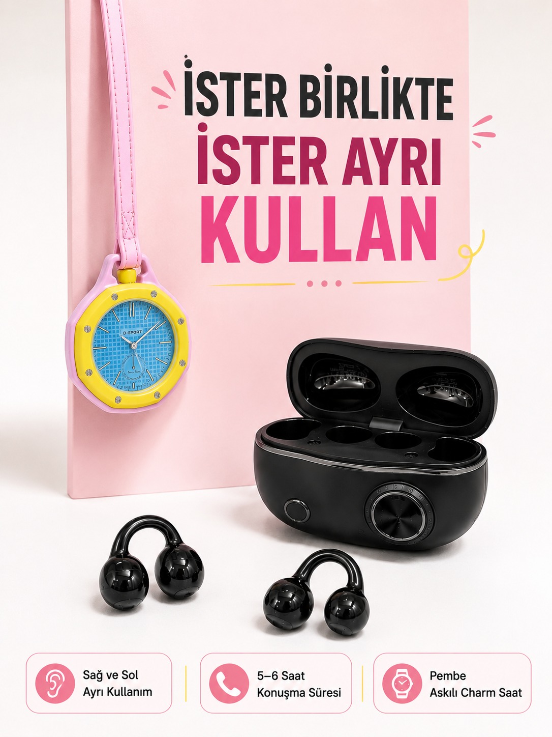 Kablosuz Kulaklık ve Pembe Askılı Çanta Charm Analog Saat Kampanya Seti - Lisinya Kablosuz Kulaklık ve Pembe Askılı Çanta Charm Analog Saat Kampanya Seti - Lisinya