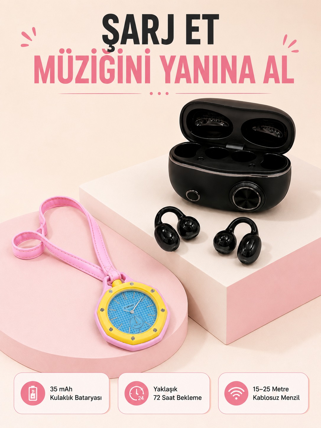 Kablosuz Kulaklık Seti ve Pembe Askılı Analog Charm Saat Günlük Kullanım Kampanyası - Lisinya Kablosuz Kulaklık Seti ve Pembe Askılı Analog Charm Saat Günlük Kullanım Kampanyası - Lisinya