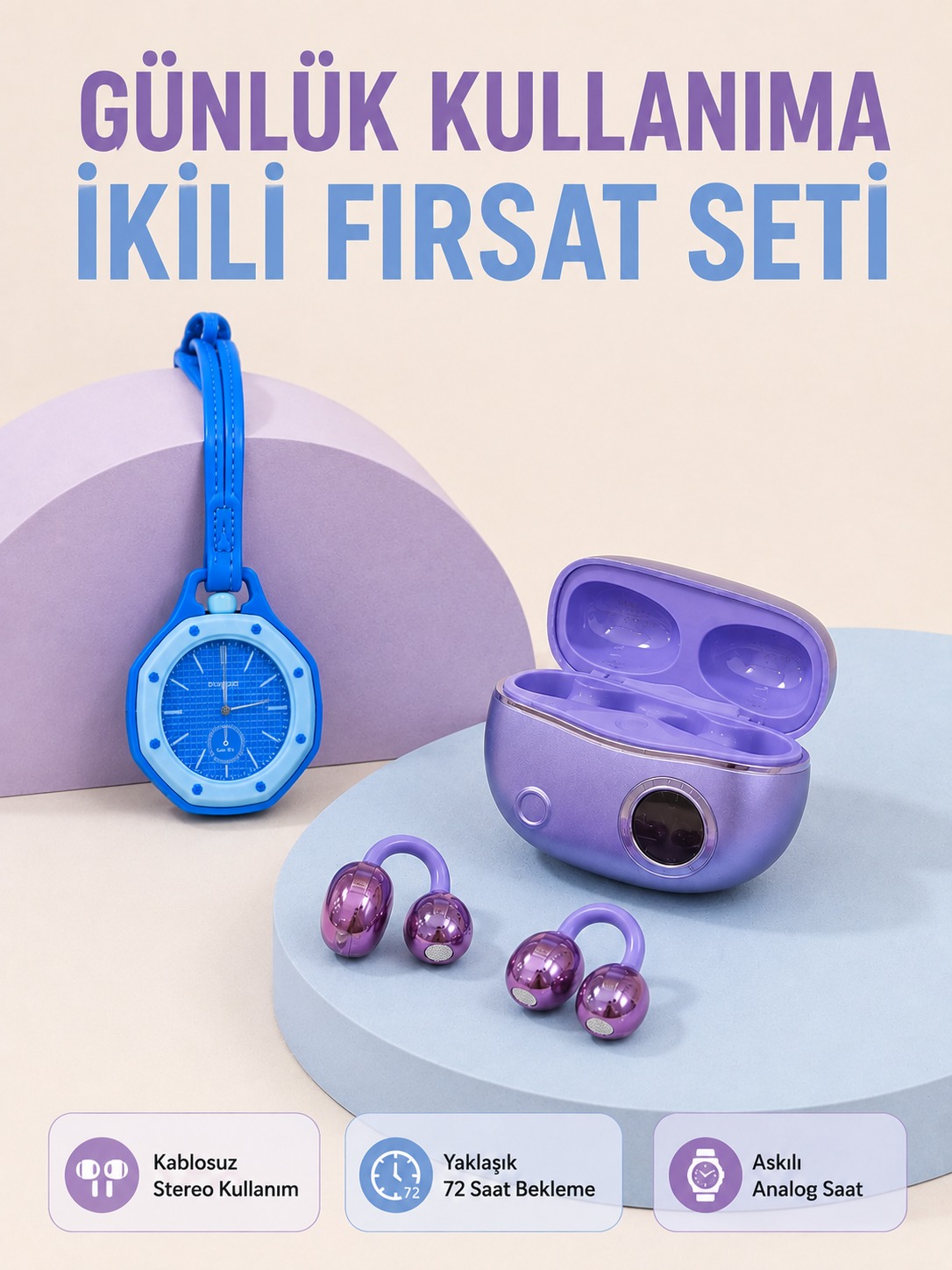 Kablosuz Kulaklık ve Mavi Çanta Charm Saat İkili Set Taşınabilir Günlük Kullanım - Lisinya Kablosuz Kulaklık ve Mavi Çanta Charm Saat İkili Set Taşınabilir Günlük Kullanım - Lisinya