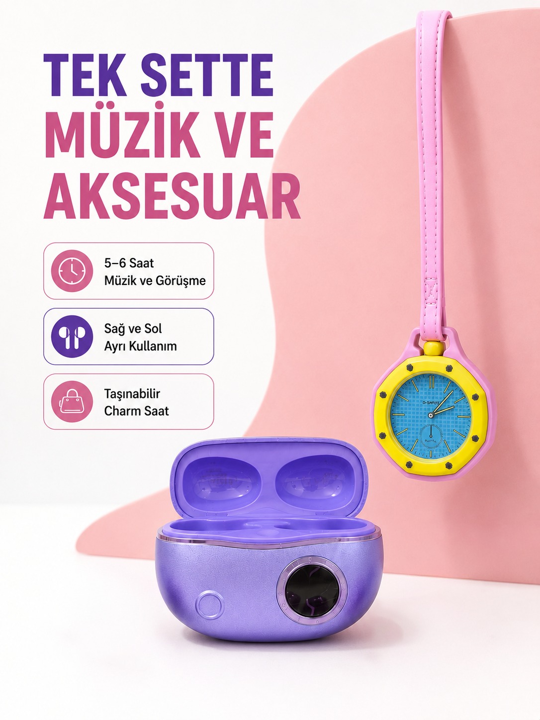 Kablosuz Kulaklık ve Pembe Çanta Charm Saat İkili Kampanya Seti Şarj Kutulu Taşınabilir Tasarım - Lisinya Kablosuz Kulaklık ve Pembe Çanta Charm Saat İkili Kampanya Seti Şarj Kutulu Taşınabilir Tasarım - Lisinya