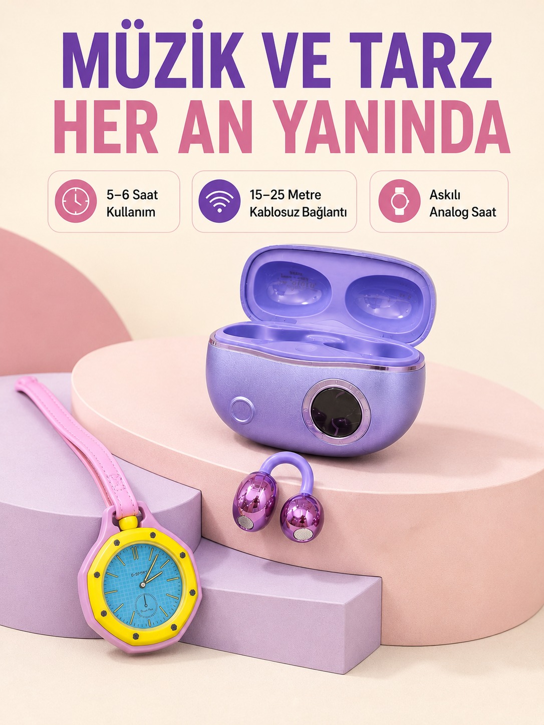 Mor Kablosuz Stereo Kulaklık ve Pembe Askılı Analog Çanta Saati Günlük Kullanım İkili Fırsat Seti - Lisinya Mor Kablosuz Stereo Kulaklık ve Pembe Askılı Analog Çanta Saati Günlük Kullanım İkili Fırsat Seti - Lisinya